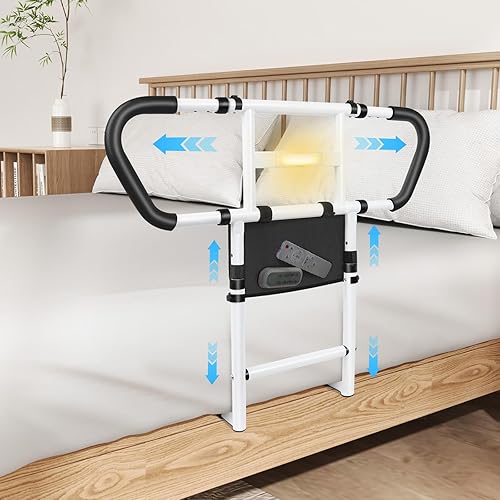 Bed Rails for Elderly Adults Safety: Adjustable Bedside Assist Rails with Storage Pockets, Non-Slip Handles, Motion Sensor Light, Items for Elderly Bed Rail, 400LB Gravity Capacity