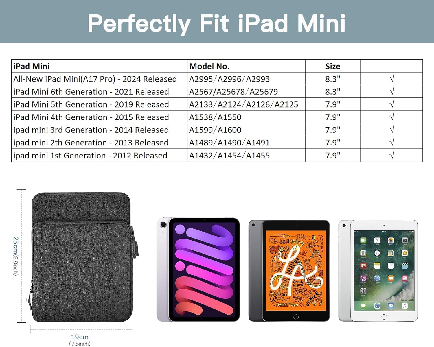 TiMOVO 8-9 Inch Tablet Sleeve Case for All-New iPad mini 7 (A17 Pro, 2024), iPad mini 6 (8.3-Inch, 2021), iPad mini 5/4/3/2/1, Protective Pouch Bag with Multiple Pockets, Dark Gray - Image 2
