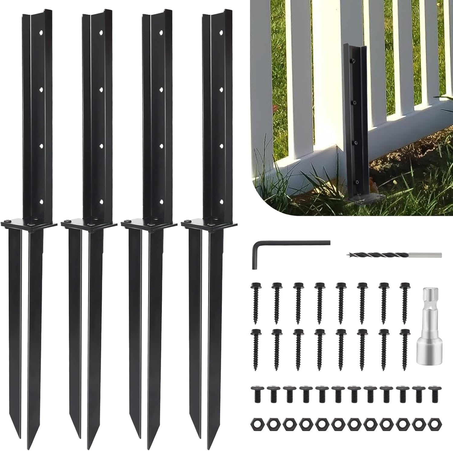Upgraded Fence Post Repair Kit 4 Pack, Thickened Fence Post Repair Stakes for 4x4/6x6 Wood Posts, Heavy Duty Steel Fence Post Anchor Stabilizer for Fixing Tilted/Broken Wooden Fence Post Support