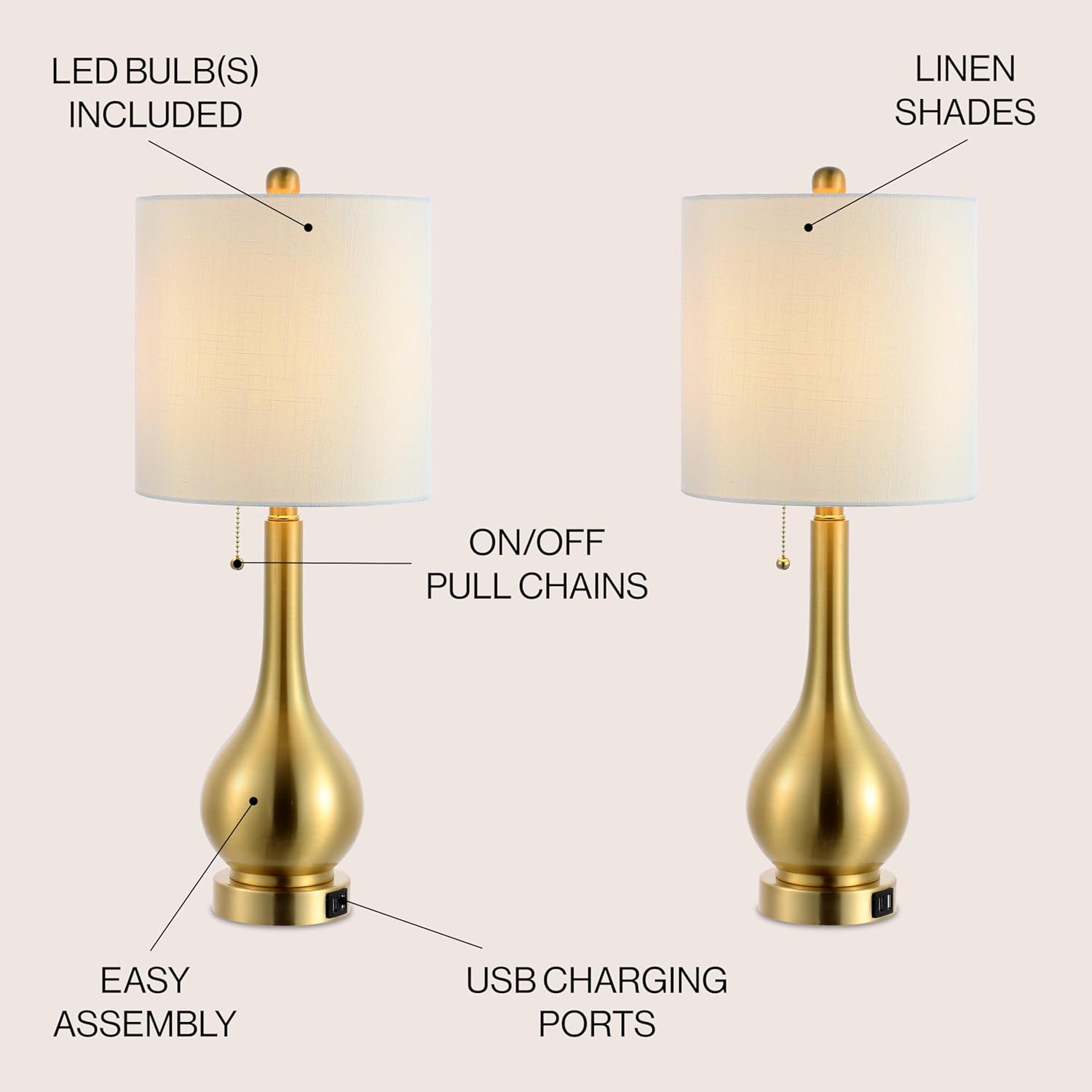 JONATHAN Y 24" Brass Gold Modern Gourd Table Lamp Set of 2, Tyler LED Bedside Lamps with Dual USB Ports, Pull Chain, White Linen Shade for Living Room Bedroom (JYL1127C-SET2)