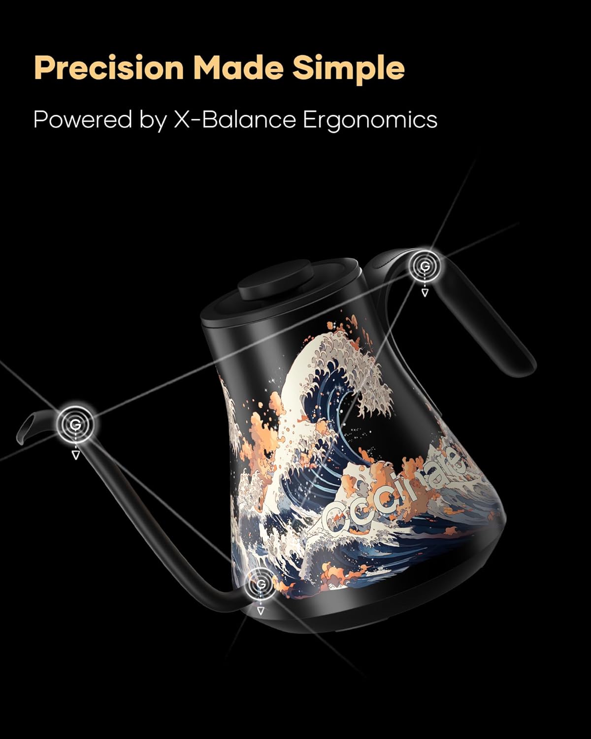 Cocinare FLOW M9 Electric Gooseneck Kettle, ±1℉ Temperature Control for Pour-over Coffee & Tea, Stainless Steel Interior, Quick Heating for Boiling Water (Wave) - Image 7