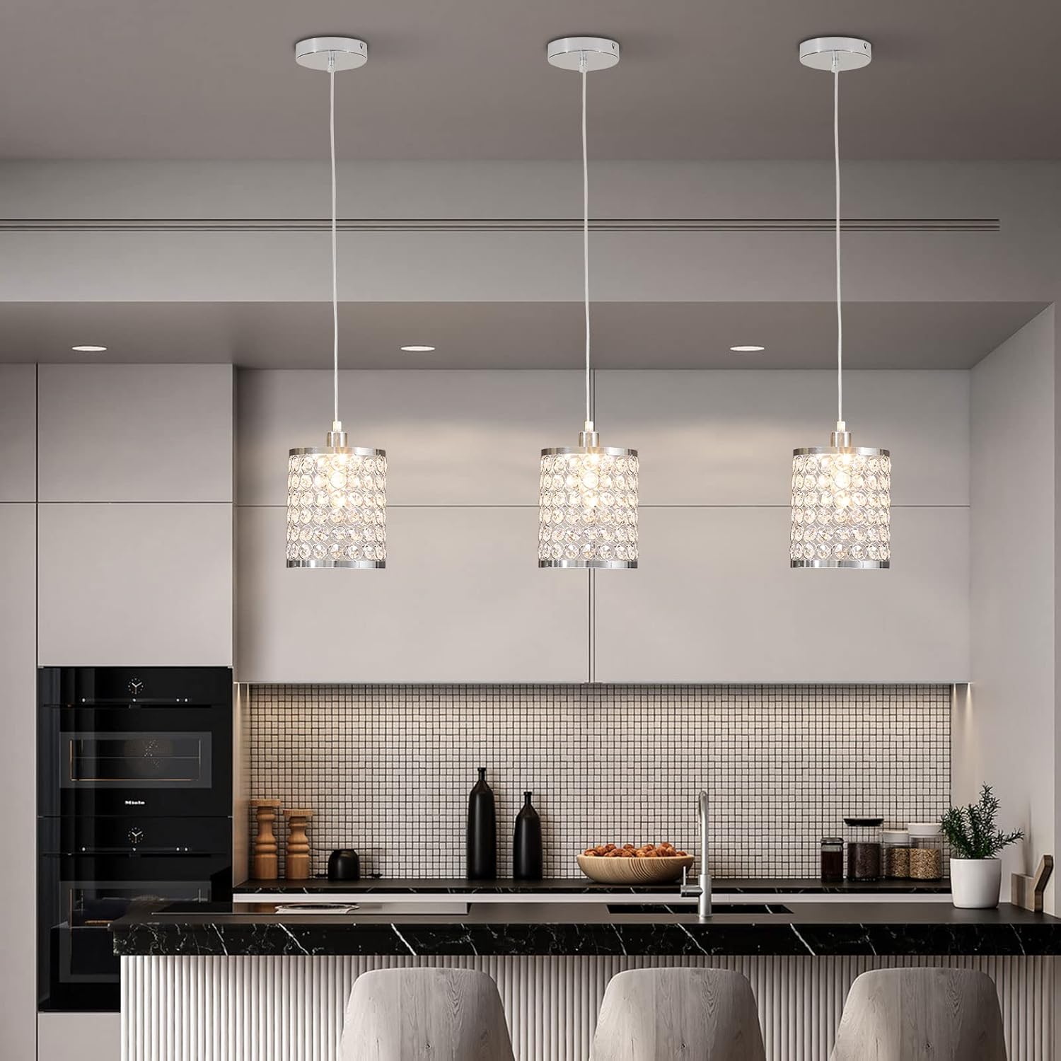 TFCFL 3 Pack Crystal Pendant Lighting, Adjustable Pendant Ceiling Lamp Fixture Chrome Finish for Dining Room Bedroom Kitchen Island