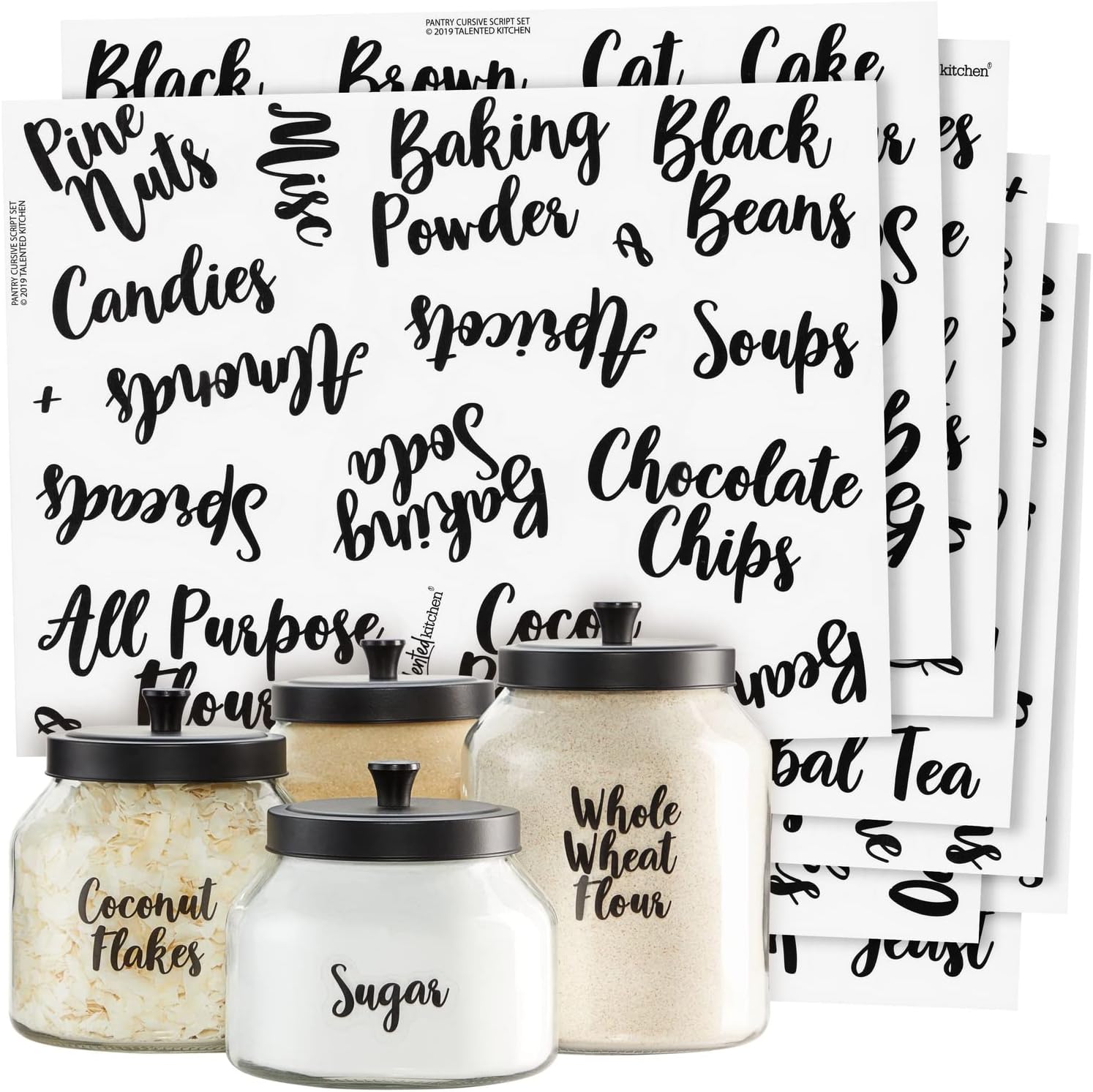Talented Kitchen 135 Pantry Labels for Food Containers, Clear Preprinted Pantry Labels for Organizing Storage Canisters & Jars, Black Cursive Numbers Stickers (Water Resistant)
