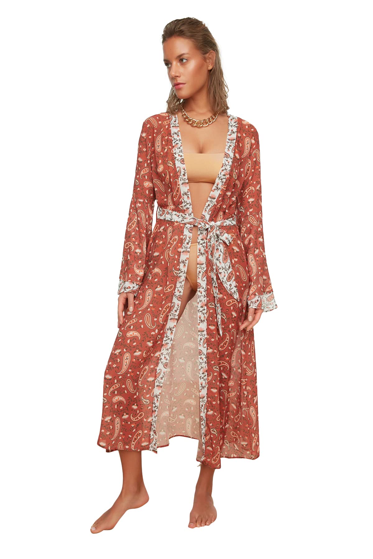 Trendyol Damen Multi Color & Schal Musterte Kimono Kaftan, L Eu