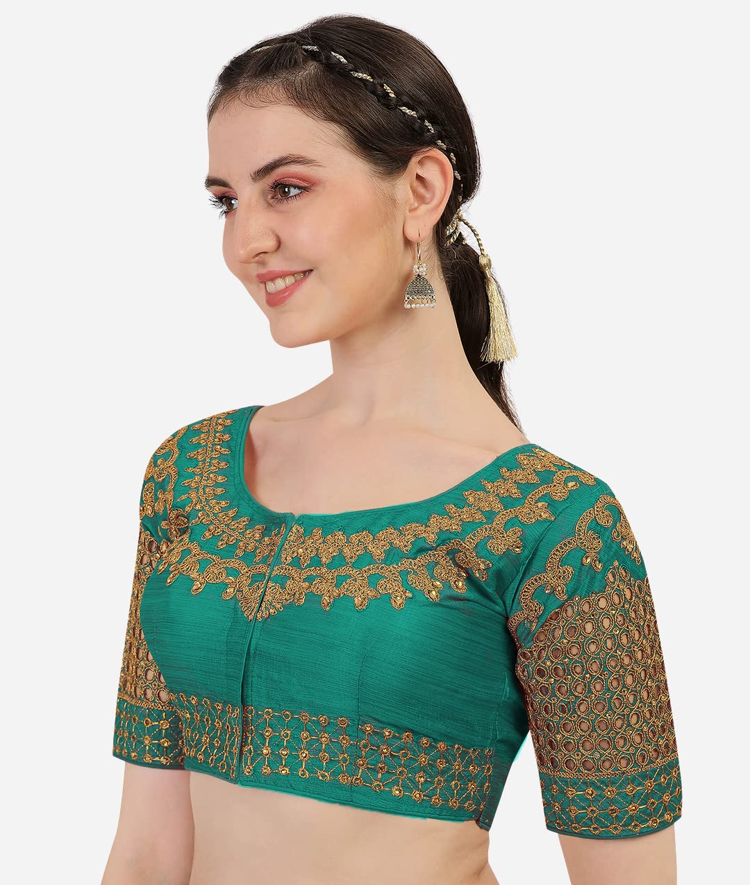 Pujia Mills Women's Silk Half Sleeve Readymade Blouse (Jali New Variation Blouse_Rama_38)