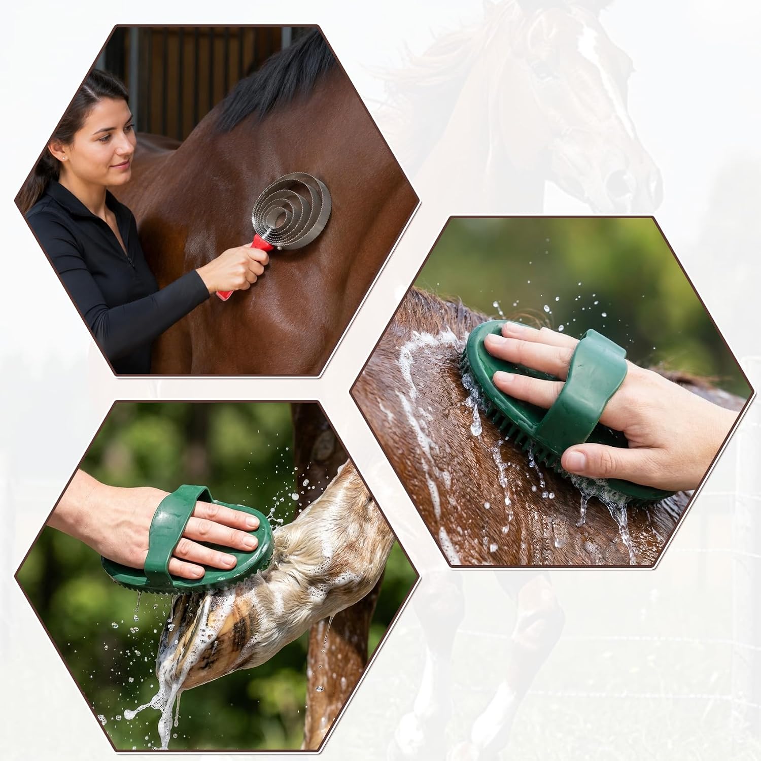 3 Pack Rubber Curry Comb, 5 Rings Stainless Steel Curry Comb Horse Brush | Curry Comb Kit Horse Grooming Brush for Dogs, Cats Horses, Goats, Cattle, Cow, Donkey Pet Bathing Shower Supplies
