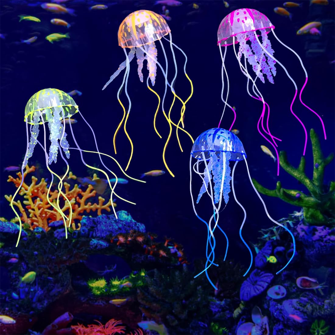 Decoración de Acuario - 4 Coloridas Medusas Luminosas para Varios Acuarios - Adorno Pecera con Efecto de Luz - Set de 4 Piezas.