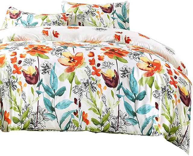 Floral Duvet Cover Set Single Kids Girls or Boys Colorful Flowers Pattern Bedding Set - 1 Duvet Cover and 1 Pillow Cover