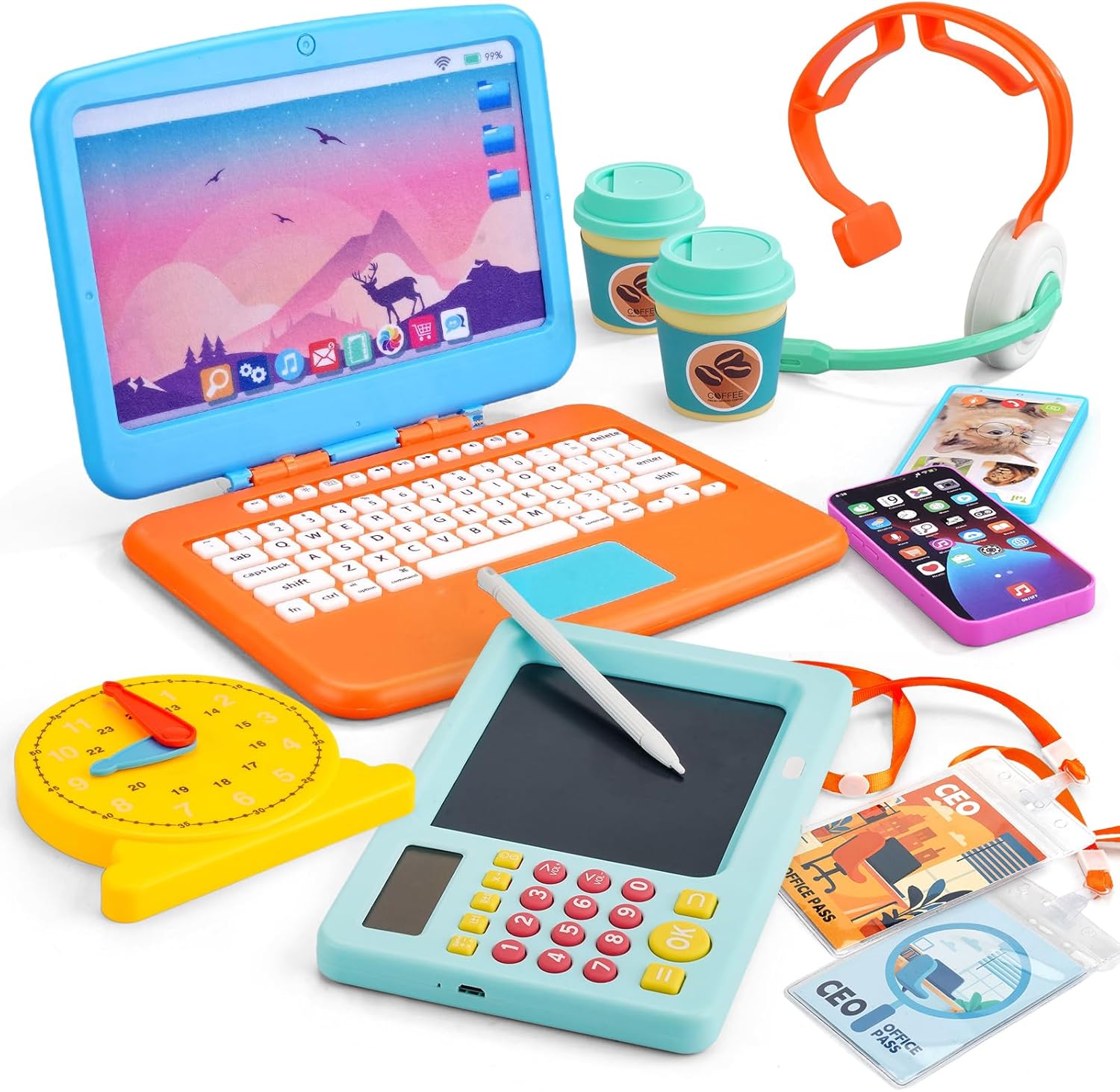 Pretend Play Home Office Set for Kids Ages 3-5-7, Toy Laptop Computer, LCD Writing Tablet with Calculator, Cell Phone, Headset & Coffee Cup Gift for Boy Girls