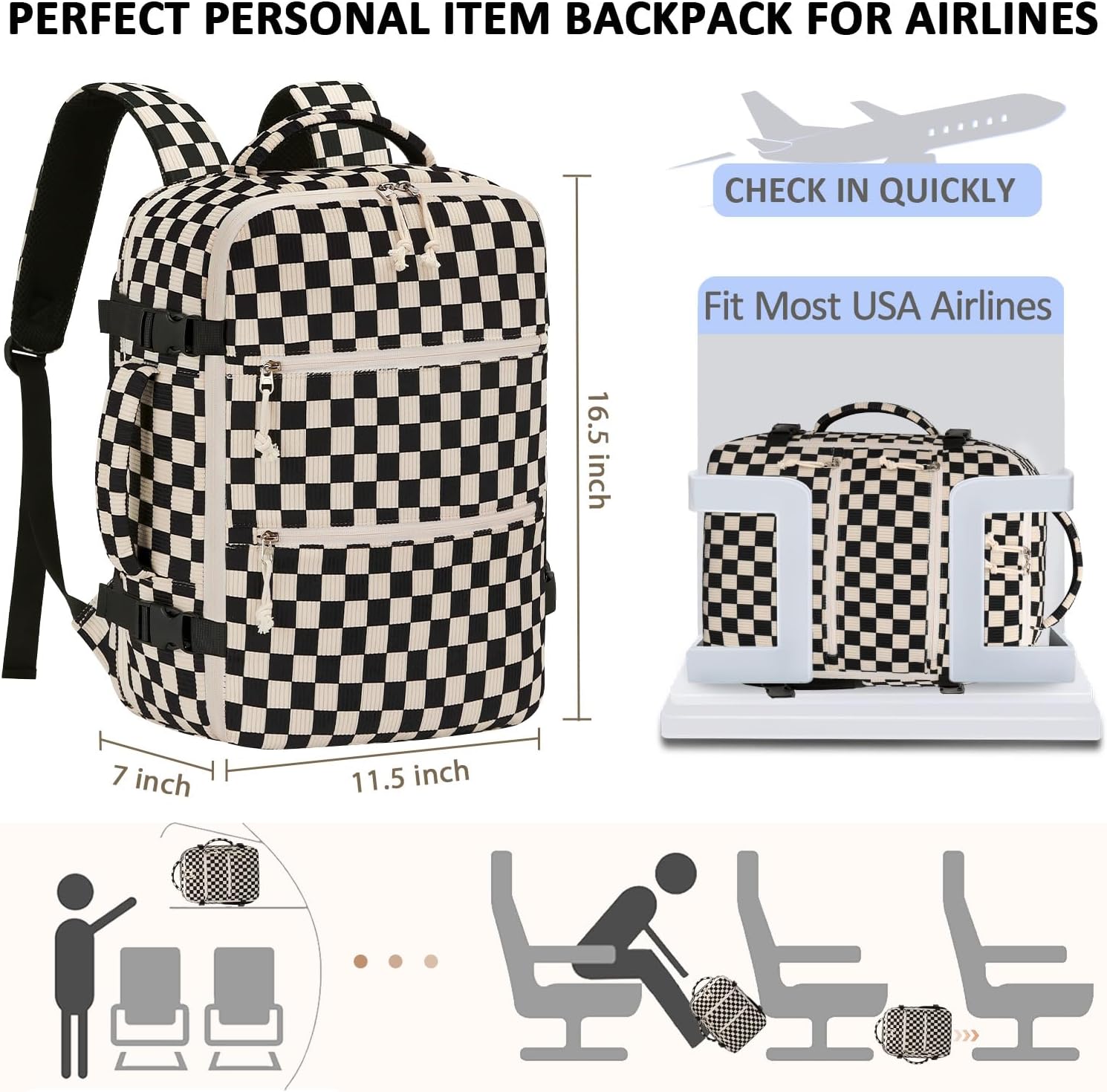 Tenot Corduroy Travel Backpack for Women, 15.6 Inch Womens Laptop Backpack TSA Approved Carry On Backpack, Personal Item Backpack for Travel Work Business, Black Checkered