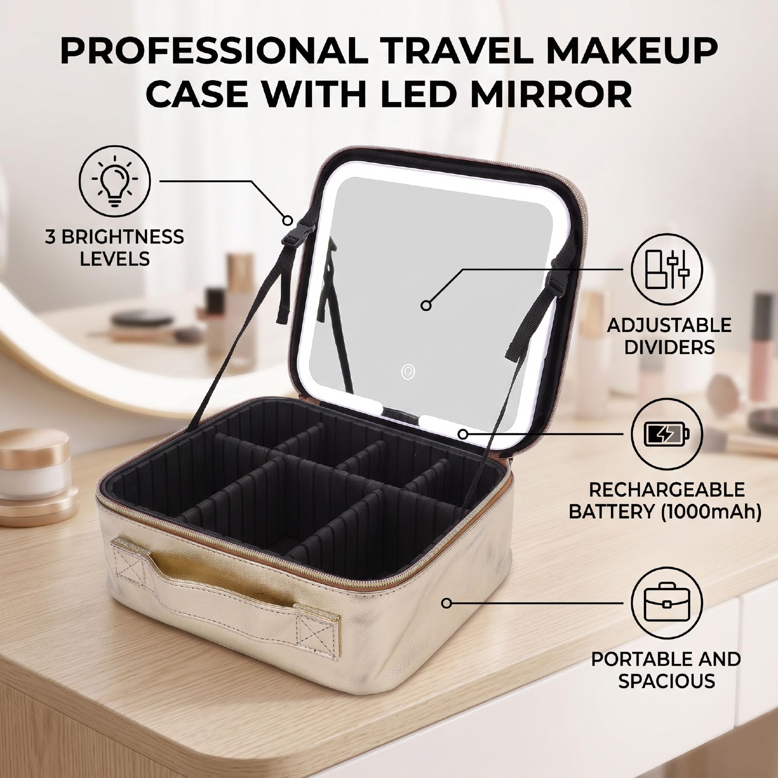 Naroote Coffret Maquillage Miroir LED Voyage Portable 3 Couleurs