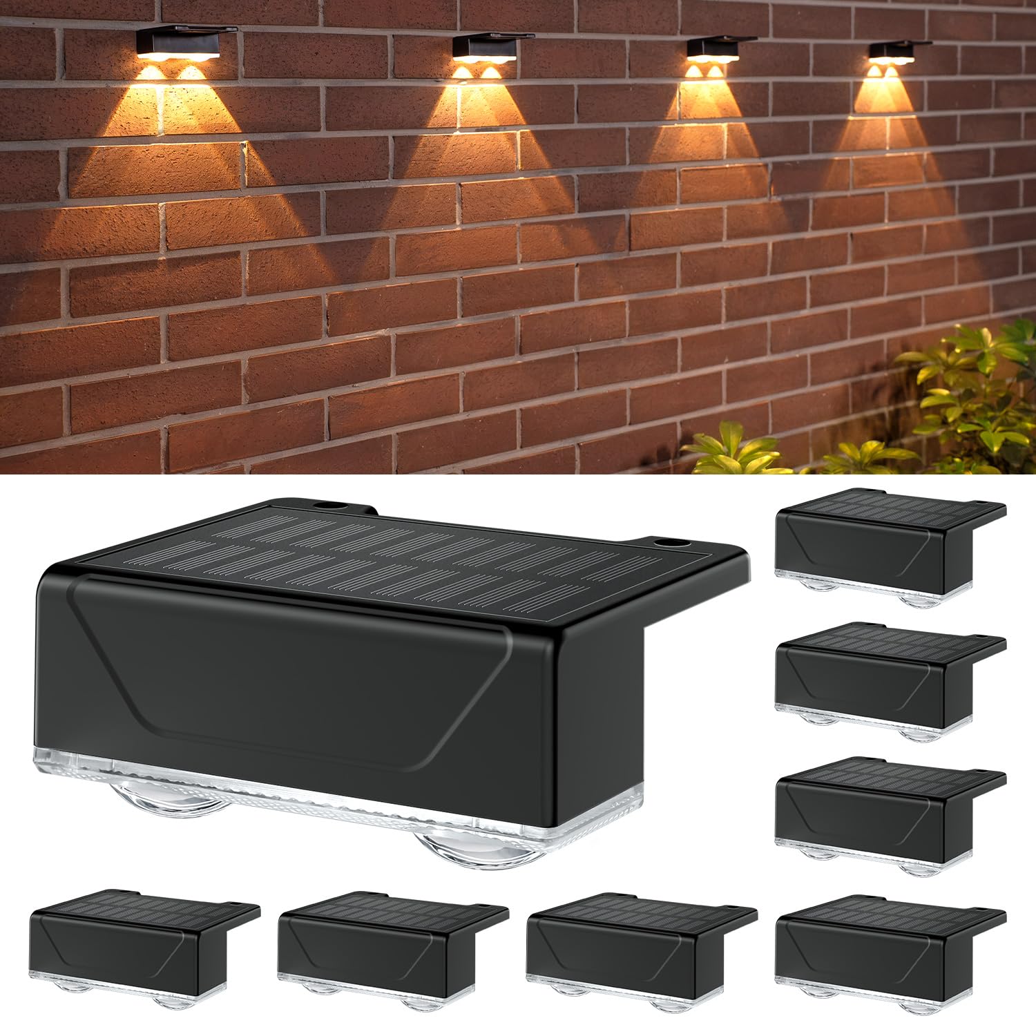 ELLASAY Aplique Solar Pared Exterior: 8 Modos de Iluminación Con RGB Solar Powered Lámparas - Impermeable IP65 - Luces Decoración de Jardín Patio Porche Valla Terraza (Lente-8 Pack)