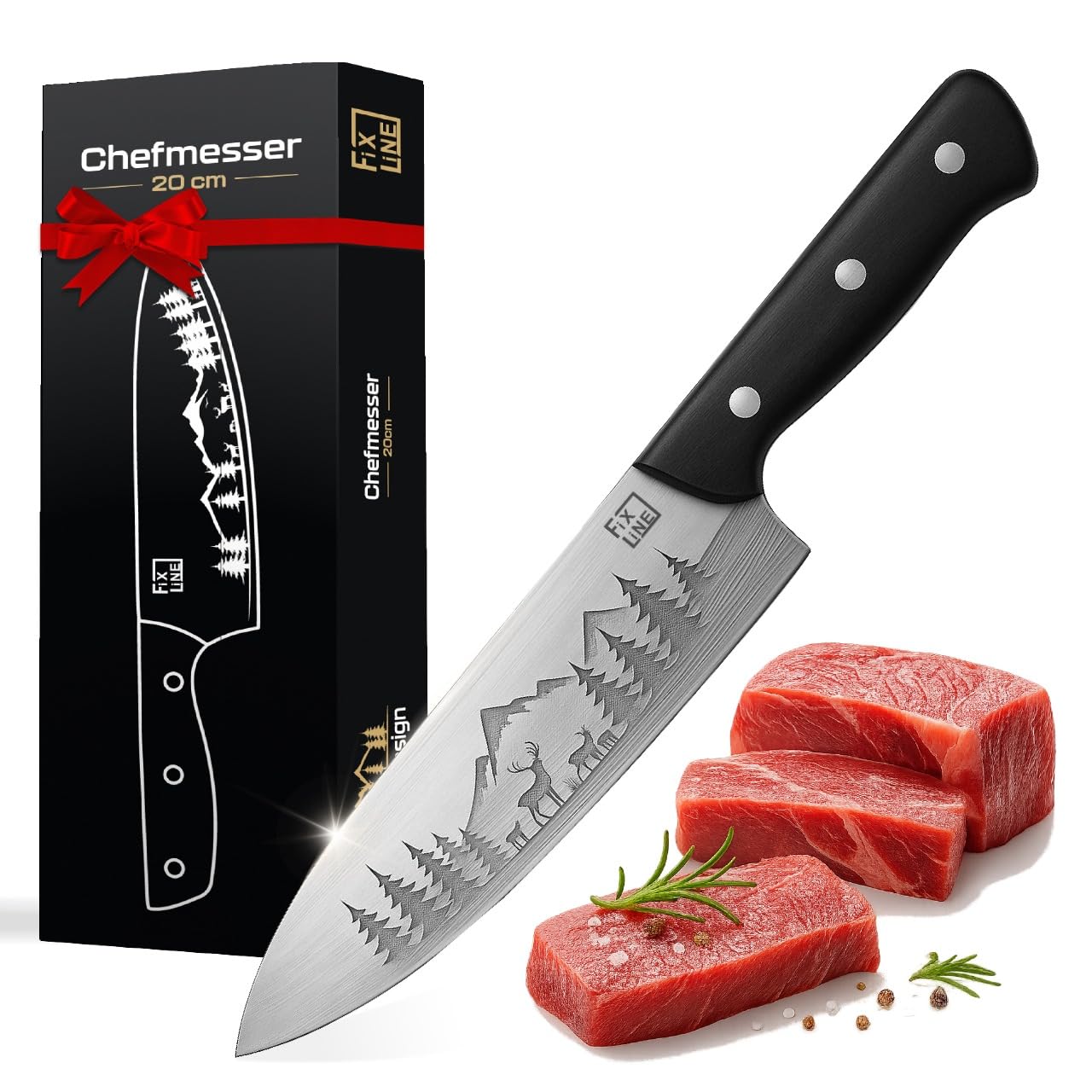 FIXLINE® Chefmesser 20cm BLACK FOREST Edition – Starkes Allround-Kochmesser - rasiermesserscharf - rostfrei - Edles Design - ausgewogene Balance - schwarzer Holzgriff - Premium Geschenkverpackung