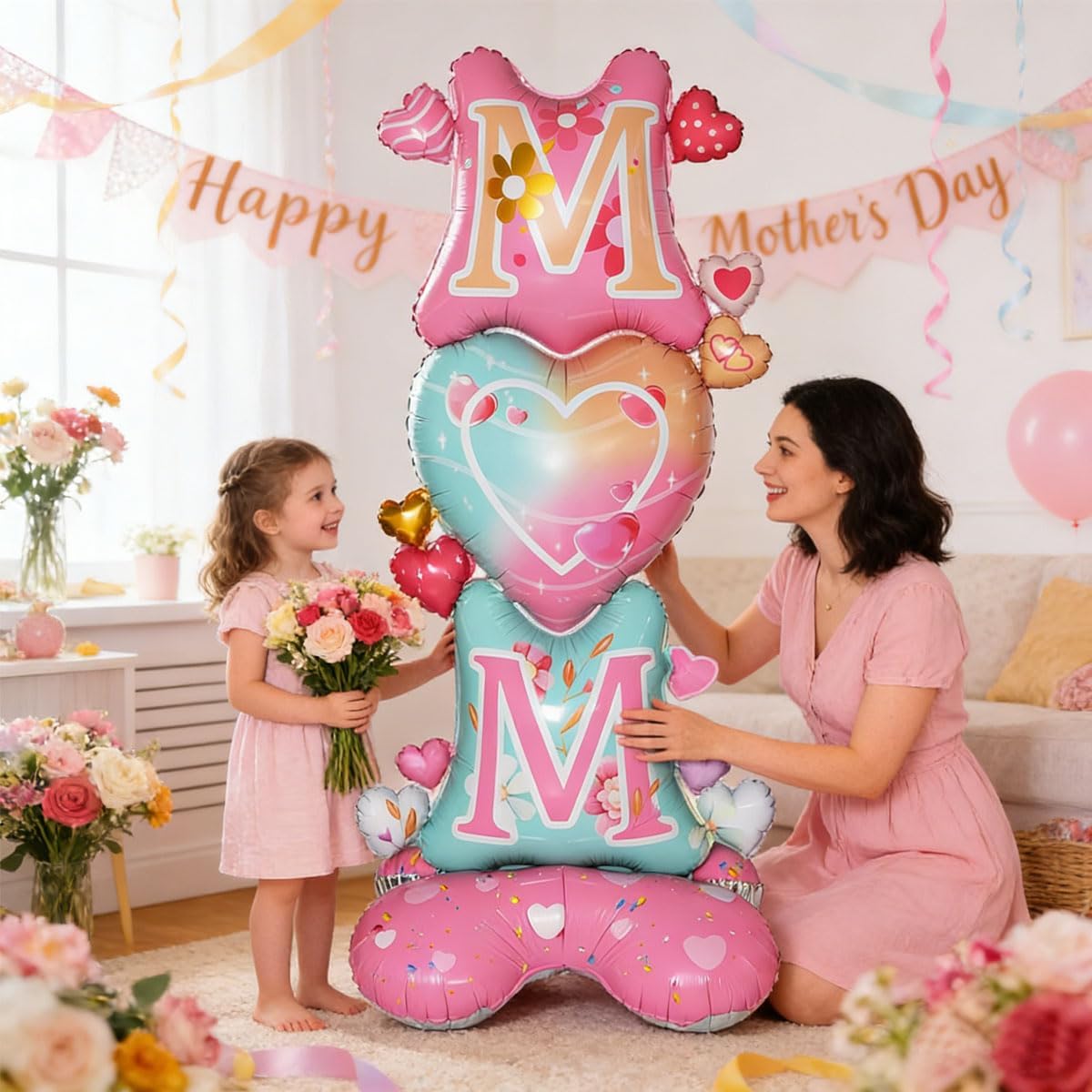 Mother's Day Balloons, Large Self Standing MOM Letter Foil Balloon with Heart Decor, No Helium Needed Mylar Balloons for Mother's Day Party Decorations, Mom Birthday, Home Celebration Supplies image 2