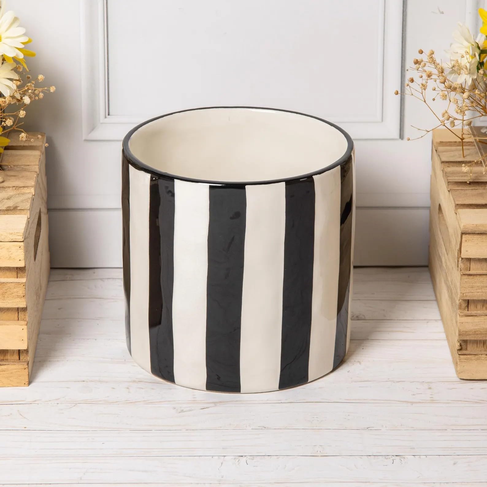 Black White Ceramic Plant Pot 17cm Glazed Planter Cover Utensil Holder Home