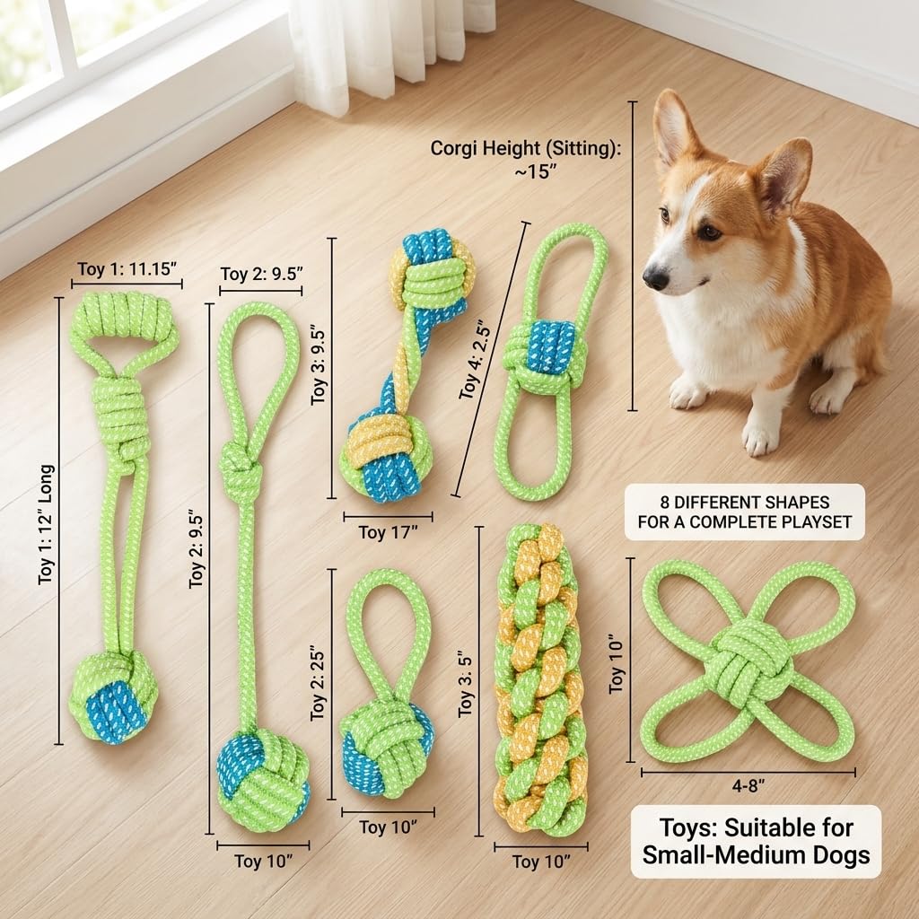 NEXUS - Set da 8 giocattoli per cani in corda di cotone, design carino, giocattolo da masticare resistente per cani piccoli e medi, gioco interattivo N16TOYPROJECT02