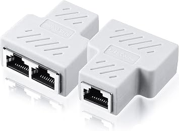 VizGiz 2 Pack RJ45 Splitter 1 to 2 Port T Adapter Female Socket Ethernet Connector Dual Ways Plug Modular Hub Switcher for Network Cat5 Cat6 Cat7 LAN Cable Computer PC Router POE IP Camera TV Box