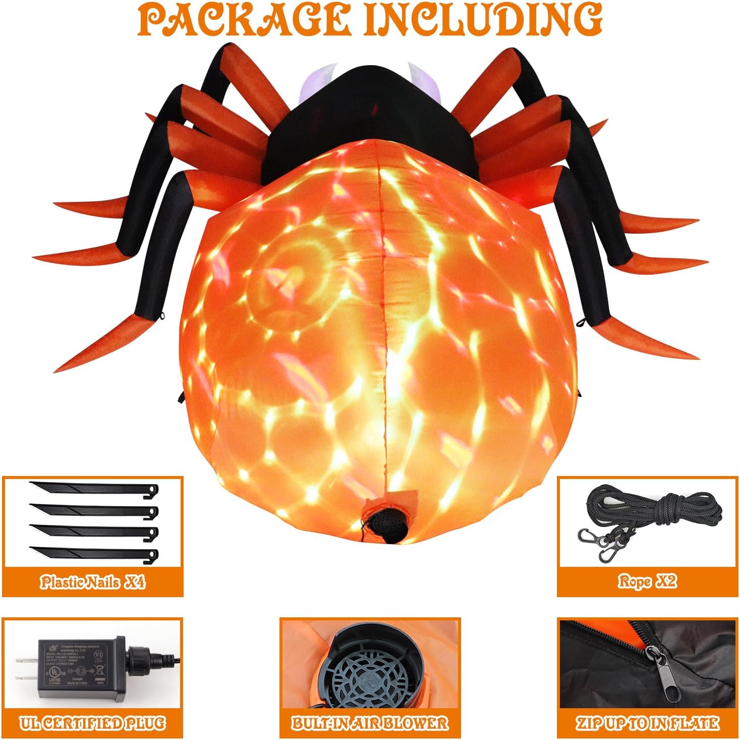 Halloween Inflatables Outdoor Decorations, 8FT Inflatable Spider Yard Decoration with Built-in LED, Blow Up Yard Holiday Inflatables for Outdoor Garden Lawn Decor (White Orange)