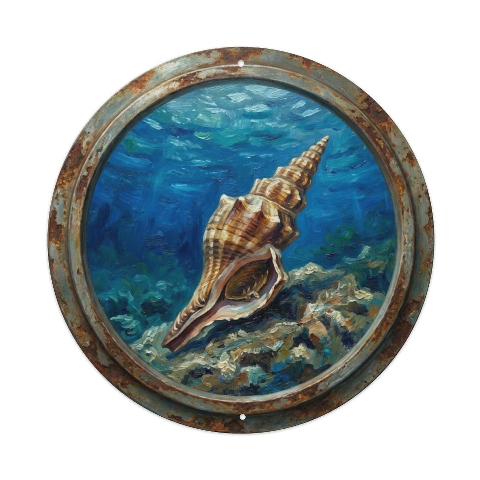 Vintage Porthole Whelk Spiral Ship Window Undersea Deep Sea Metal Tin Sign