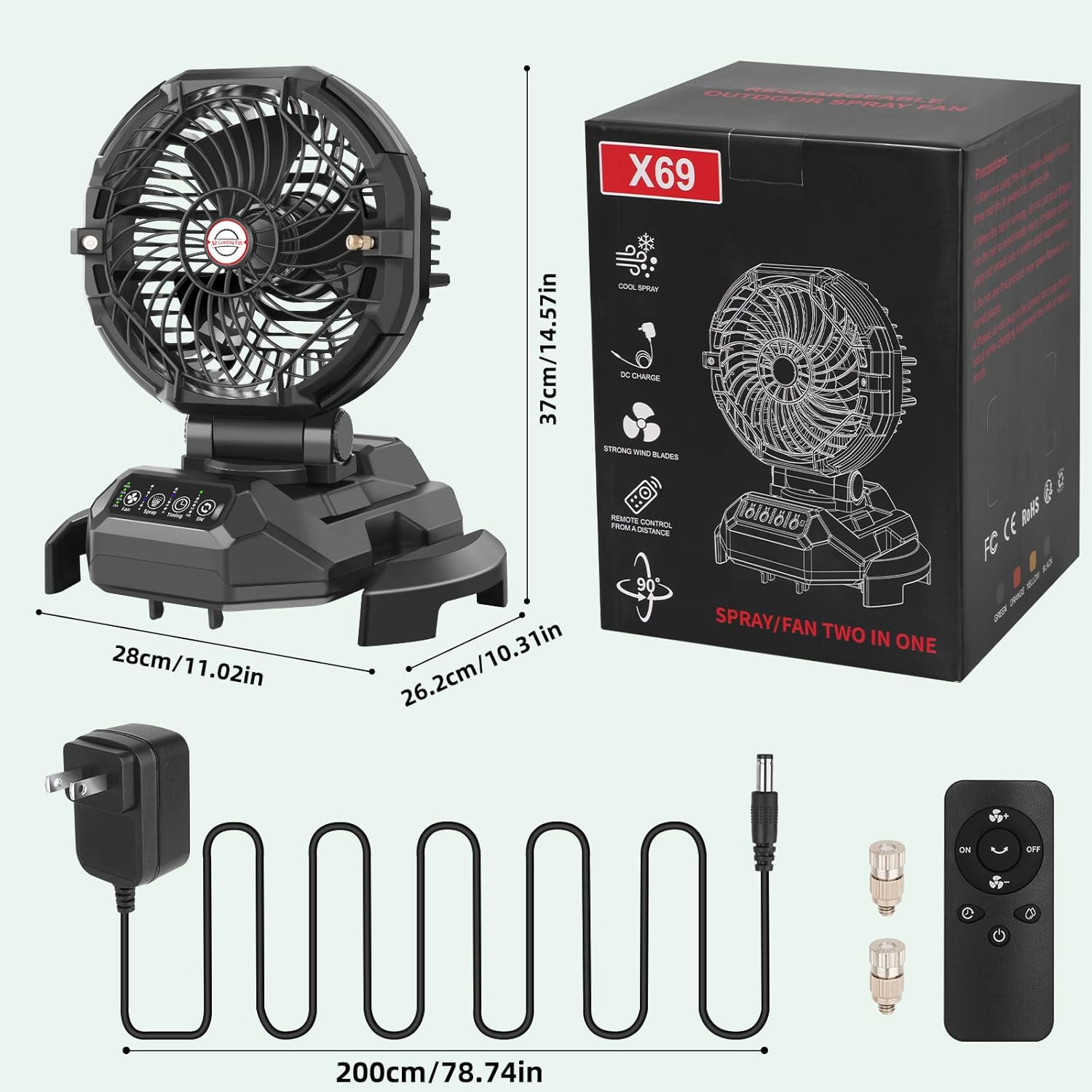 Gemce Portable Misting Fan, 30,000mAh Rechargeable Battery Powered, 4 Wind Speeds & 4 Misting Levels, Outdoor Cooling Fan for Patio, Camping, Compatible with 10-13in Water Bucket(Not Included)