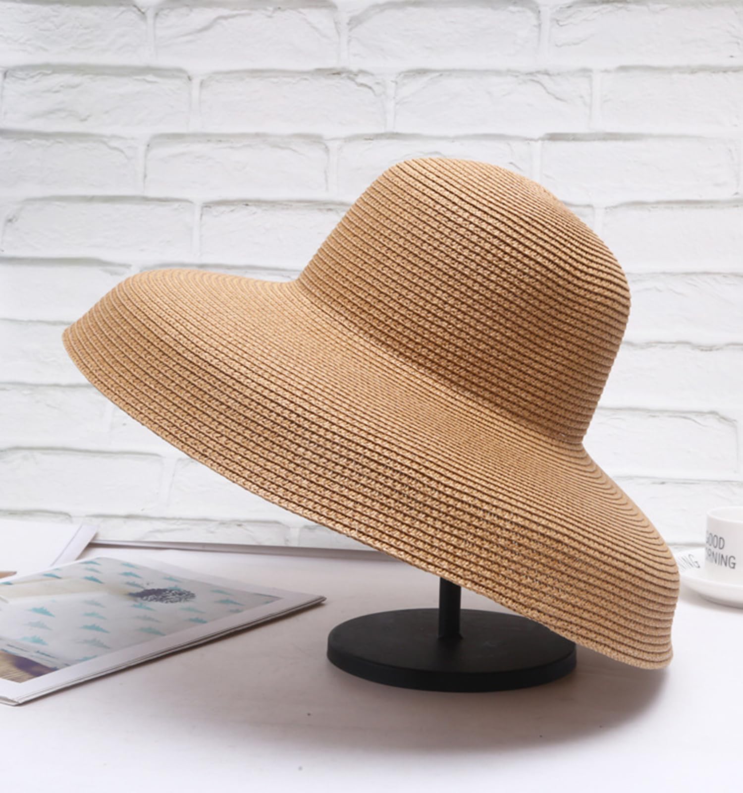 Ulalaza Sombrero de paja trenzado de ala ancha para mujer, protección solar UPF 50+, para verano, playa, sombrero de paja
