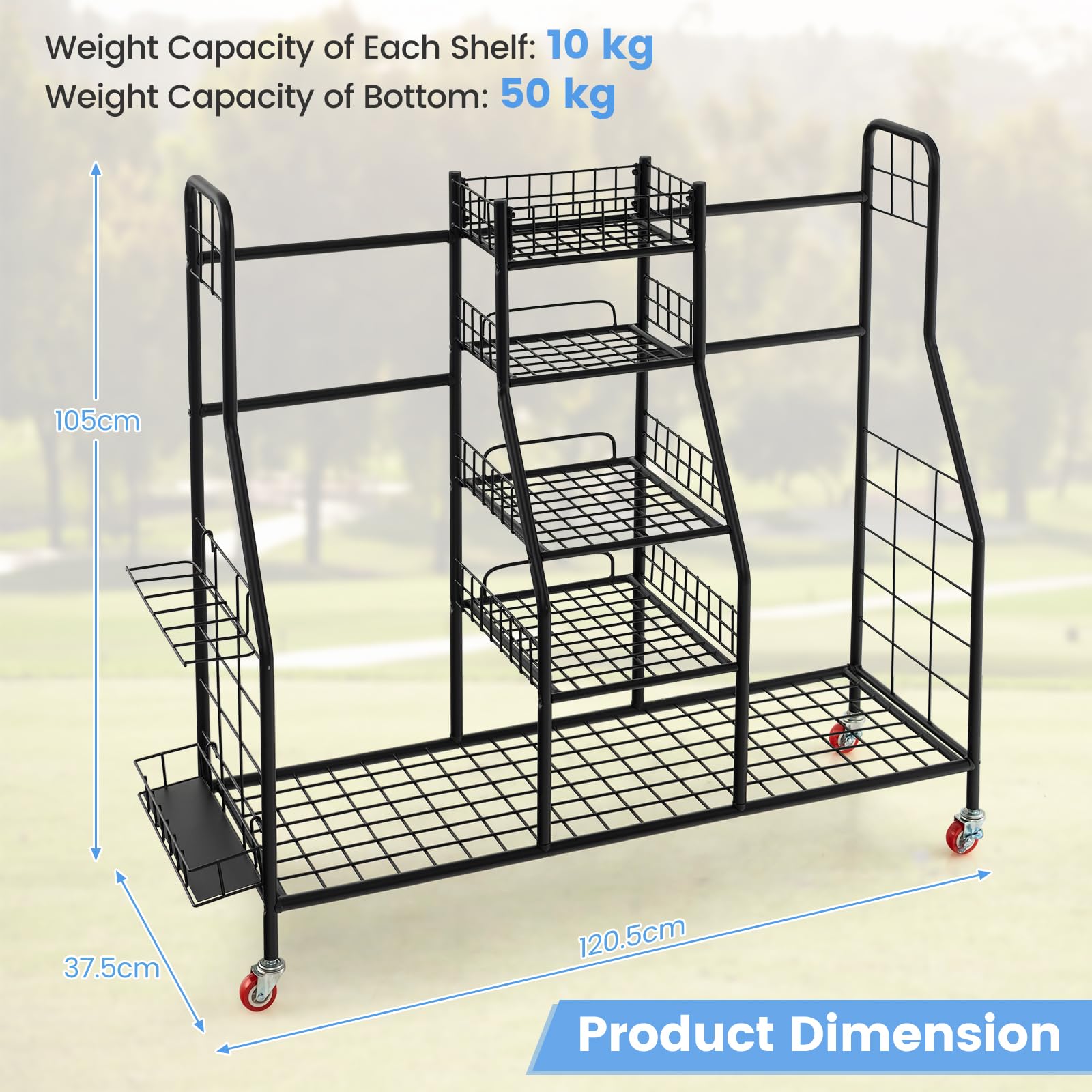 GYMAX Organiseur de Rangement pour Clubs de Golf avec 4 Roues Universelles, Rangement Clubs Golf en Métal pour Sac et Accessoires de Golf avec Étagères, 120,5x37,5x105 cm