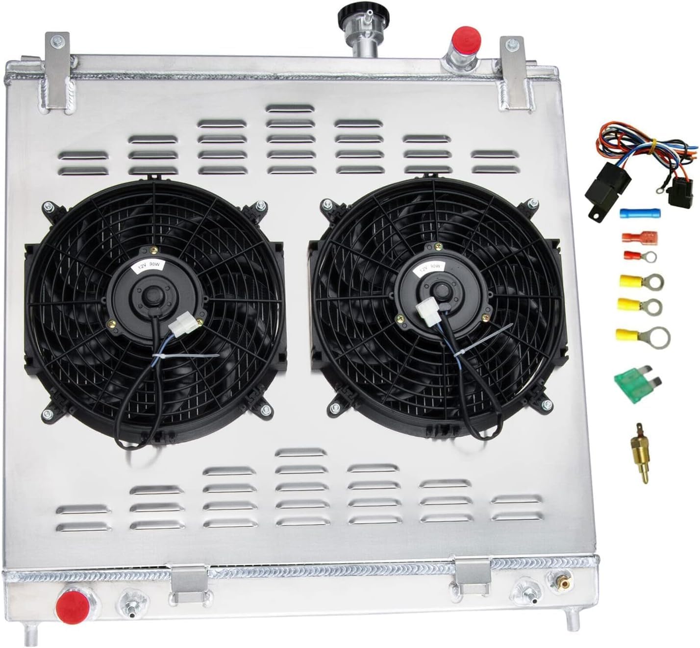 4 Row Aluminum Radiators with Electric Fan Shroud Thermostat Kit for 2004 2005 2006 2007 2008 2009 2010 2011 2012 2013 2014 2015 Nissan Titan Armada/Infiniti QX56 5.6 Radiator