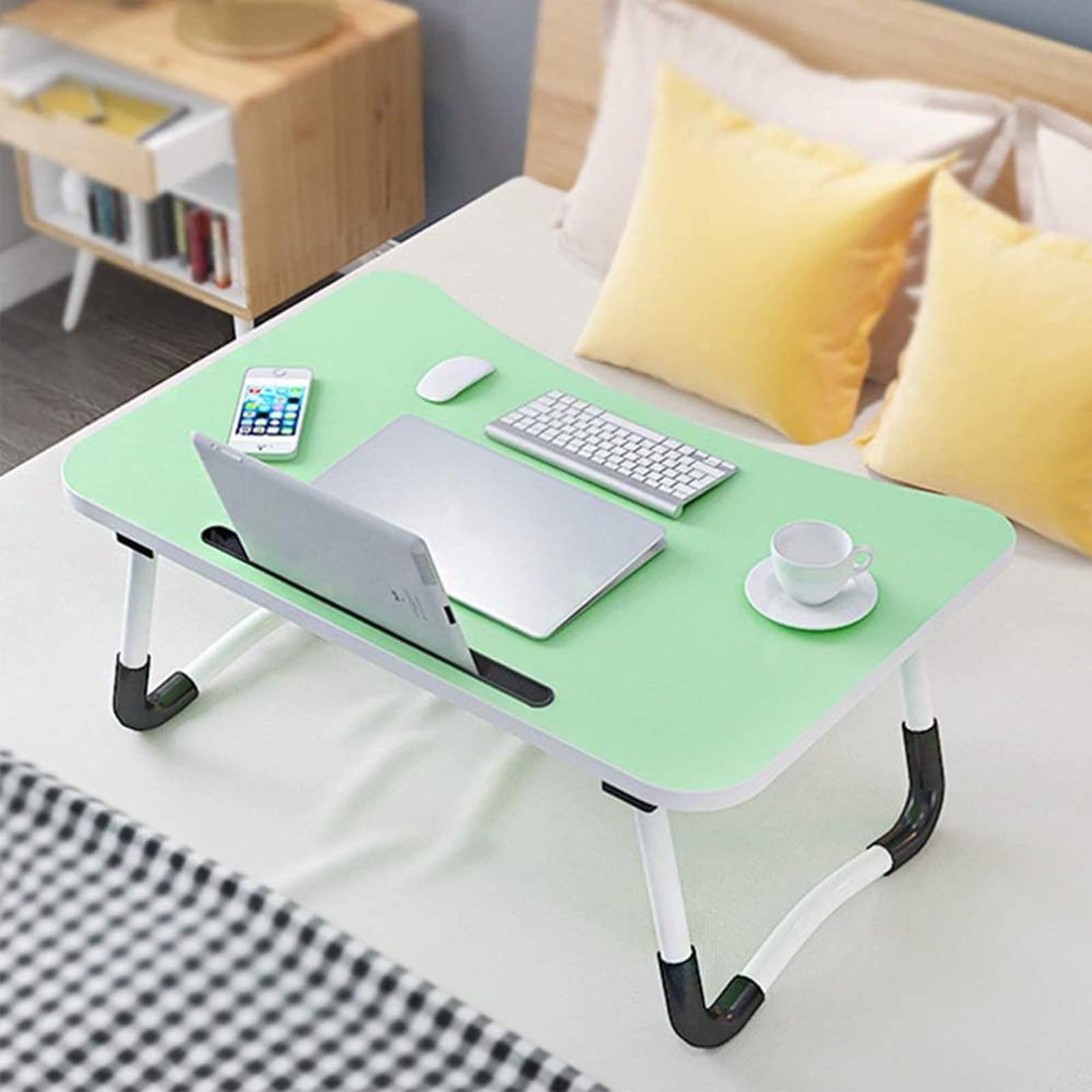 Tavolino Pieghevole da Letto con Porta Bicchiere E Leggio for Tablet, 60x40 Cm, Salvaspazio, Facile da Trasportare, Ideale for Soggiorno, Camera, Aree Relax E Smart Working(Green)