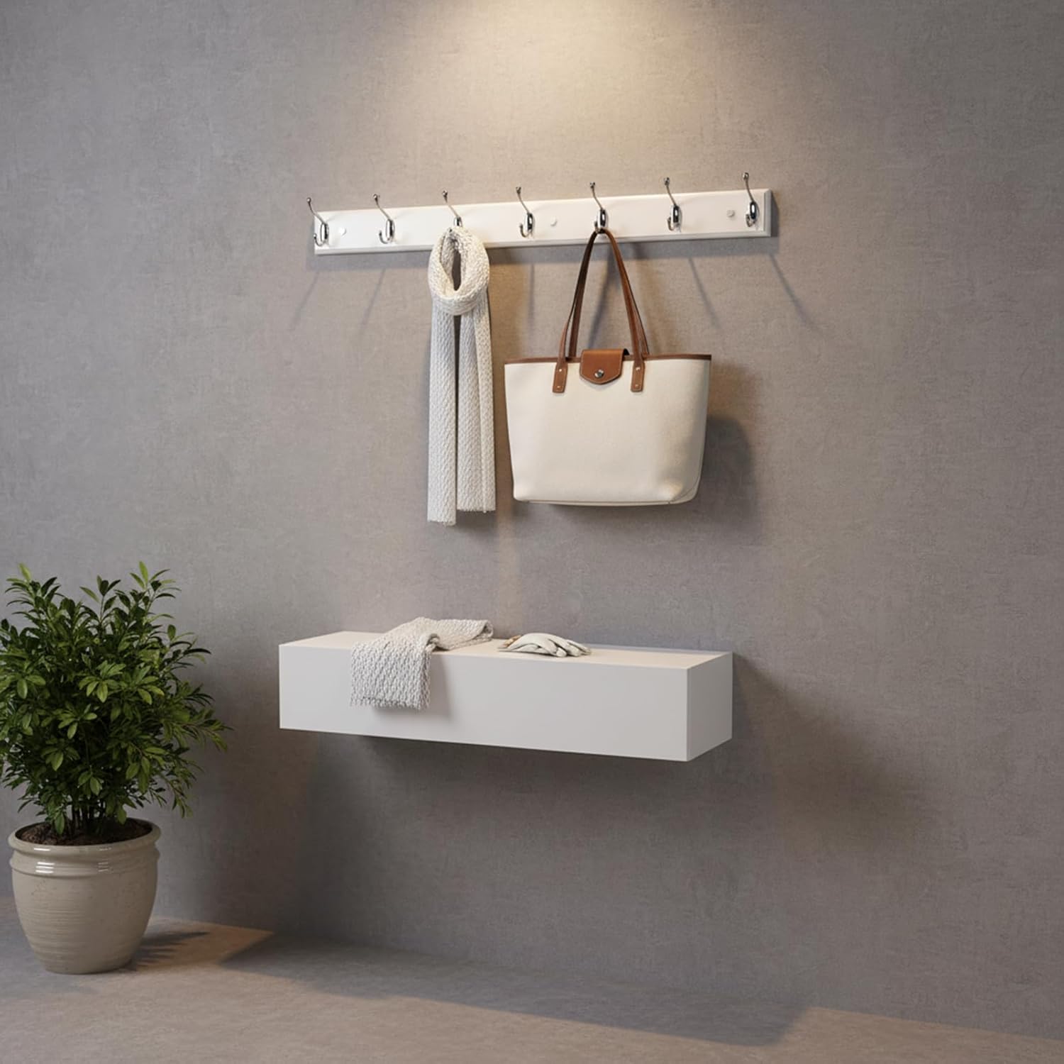 Wooden Wall Mounted Coat Rack – 35 Inch, White with 7 Silver Hooks for Entryway, Hallway, Bedroom