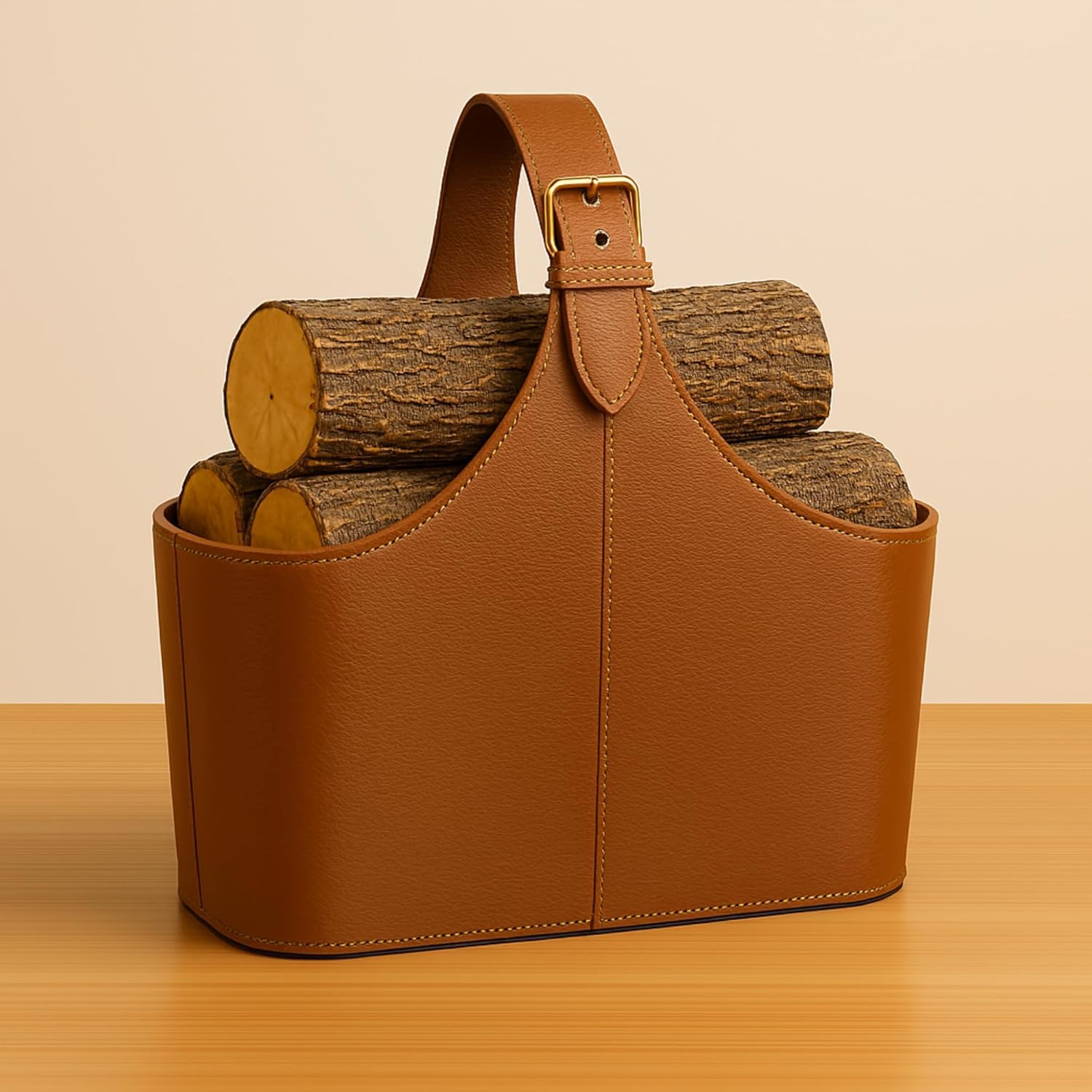 Handcrafted Genuine Leather Firewood Log Carrier, Heavy-Duty Fireplace Wood Tote with Adjustable Strap, Rustic Indoor Outdoor Wood Holder