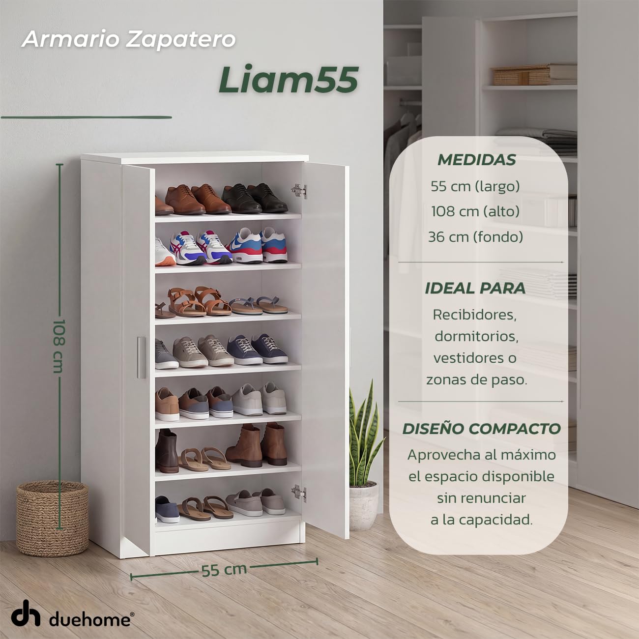 duehome | Zapatero Armario, Mueble Auxiliar, Acabado en Blanco Artik, Modelo Liam 55, Medidas: 55 cm (Largo) x 108 cm (Alto) x 36 cm (Fondo)