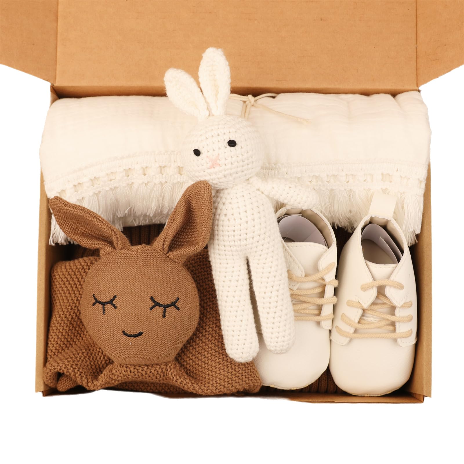5-teiliges Baby-Set mit Baumwolldecke, beruhigendem Handtuch, Häkelspielzeug und Zubehör für Neugeborene