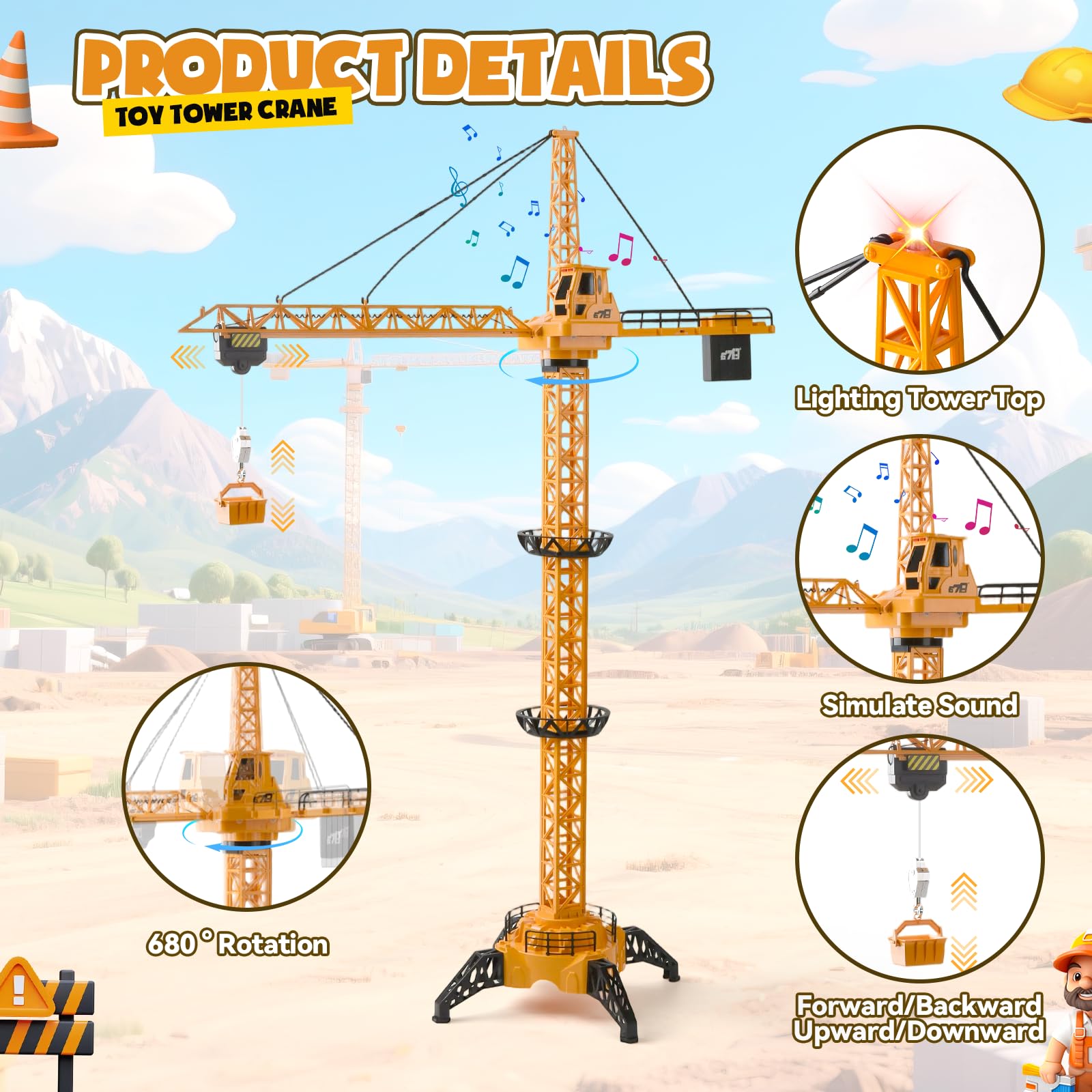 Grúa Torre Teledirigida 128 cm RC, 6 Canales 2.4 GHz 680° Rotación, Grúa de Construcción con Luces y Sonido, Juguete para Niños 3+ Años
