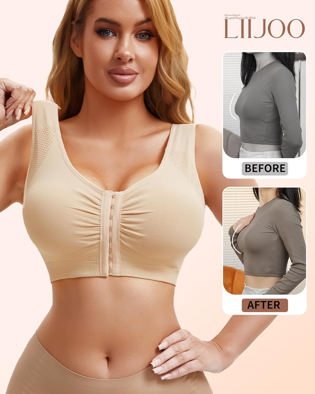 Post Surgery Compression Bra for Women, Front Close Hook Fastener, Wirefree Full Coverage, Breathable Seamless Knit