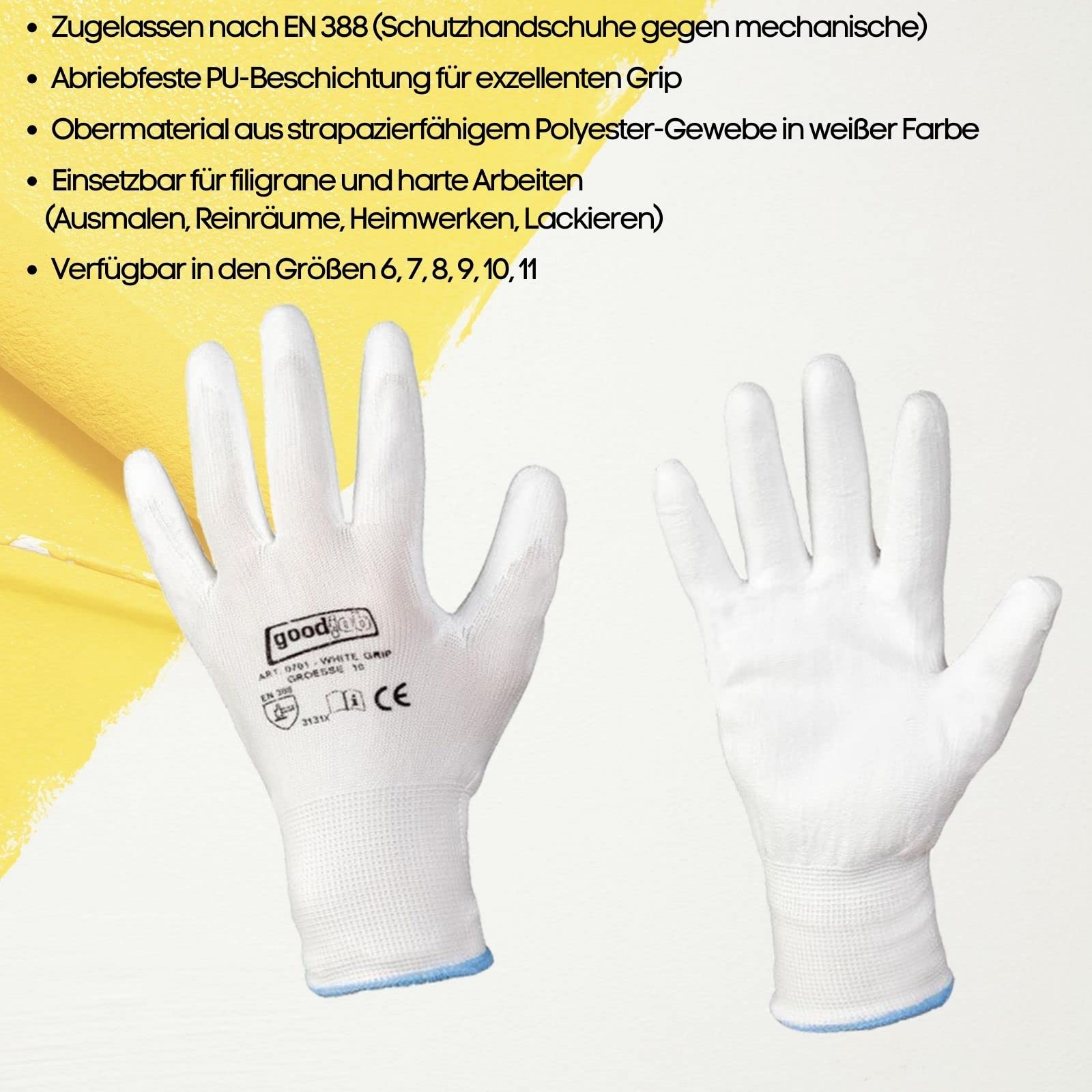 D2D | 48 Paar - White Grip Handschuhe - Größe: 8 (M) - Weiß aus Polyester mit einer PU Beschichtung - Norm EN 388 - Arbeitshandschuhe - PU-Montagehandschuhe