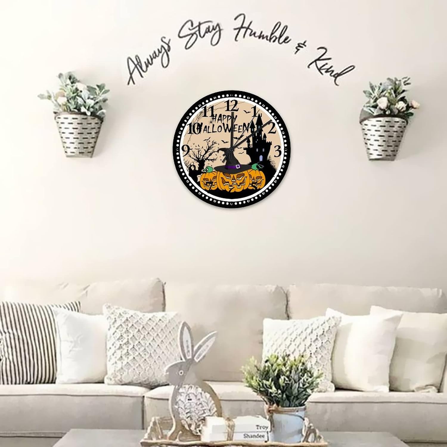 Happy Halloween Pumpkin Hunted House Small Wall Clock 12 Inch, Halloween Party Scary Pumpkin Wearing Witch Hat Clock for Bedroom Battery Operated Round Arabic Numbers Clock for Home Office