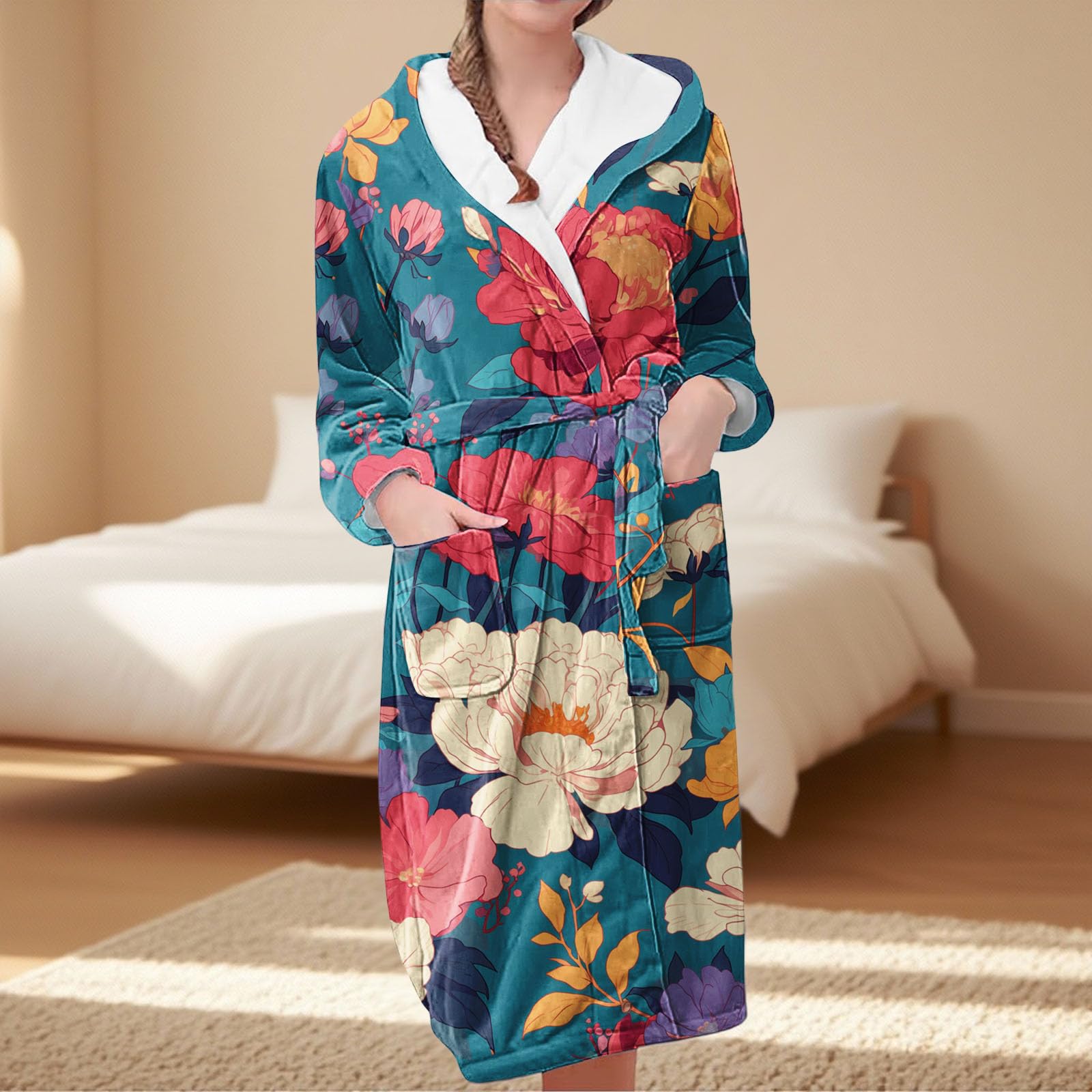 Générique Robe De Chambre Femme Chic Et Elegant 2025 Nouveau Bathrobe À Capuche Avec Poches Albornoz A Nouer Kimono D'Intérieur Pyjama De Nuit Douce Peignoir Peignoir De Bain Femme Imprimé Long