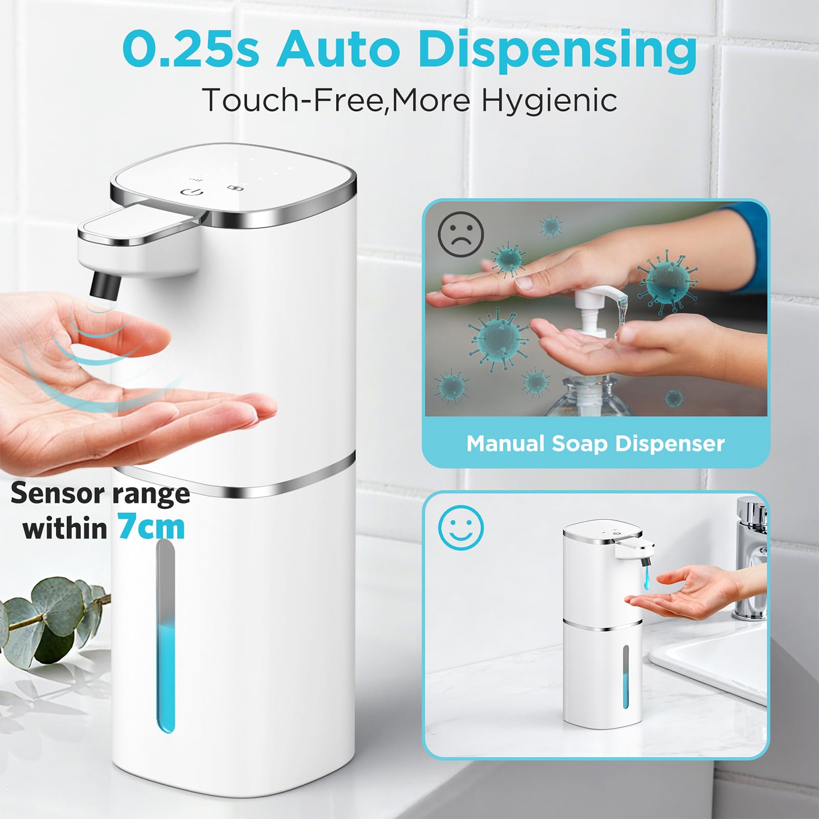 Dispenser Sapone Automatico,400ml Dispenser Sapone Bagno a Muro Con Sensore Infrarossi,USB Ricaricabile,Impermeabile IPX5 Soap Dispenser Per Cucina Bagno