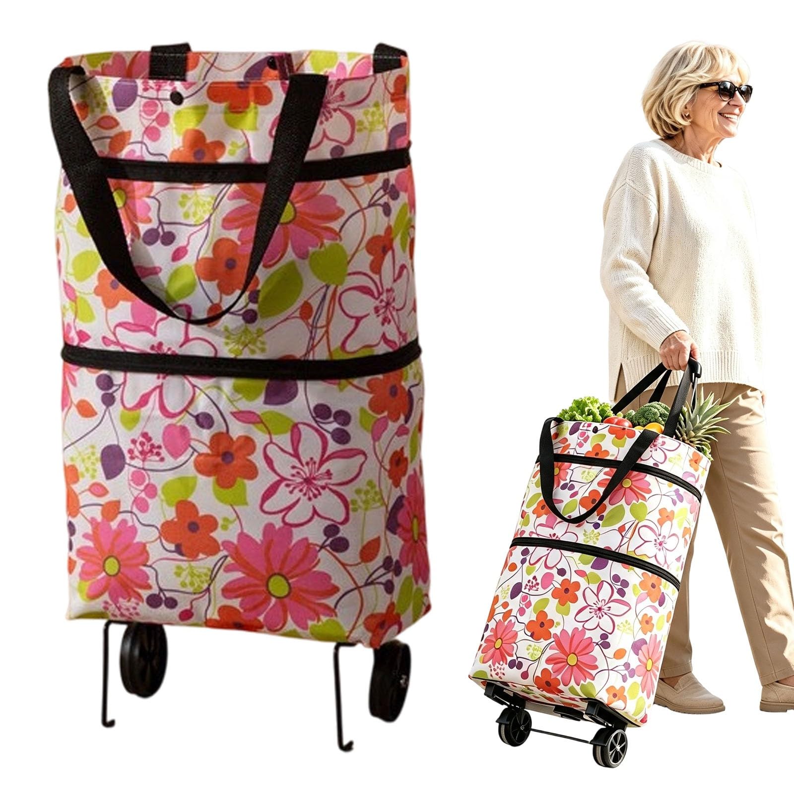 Shopping Trolley on Wheels, Waterproof Oxford Fabric Foldable Bag，Pink