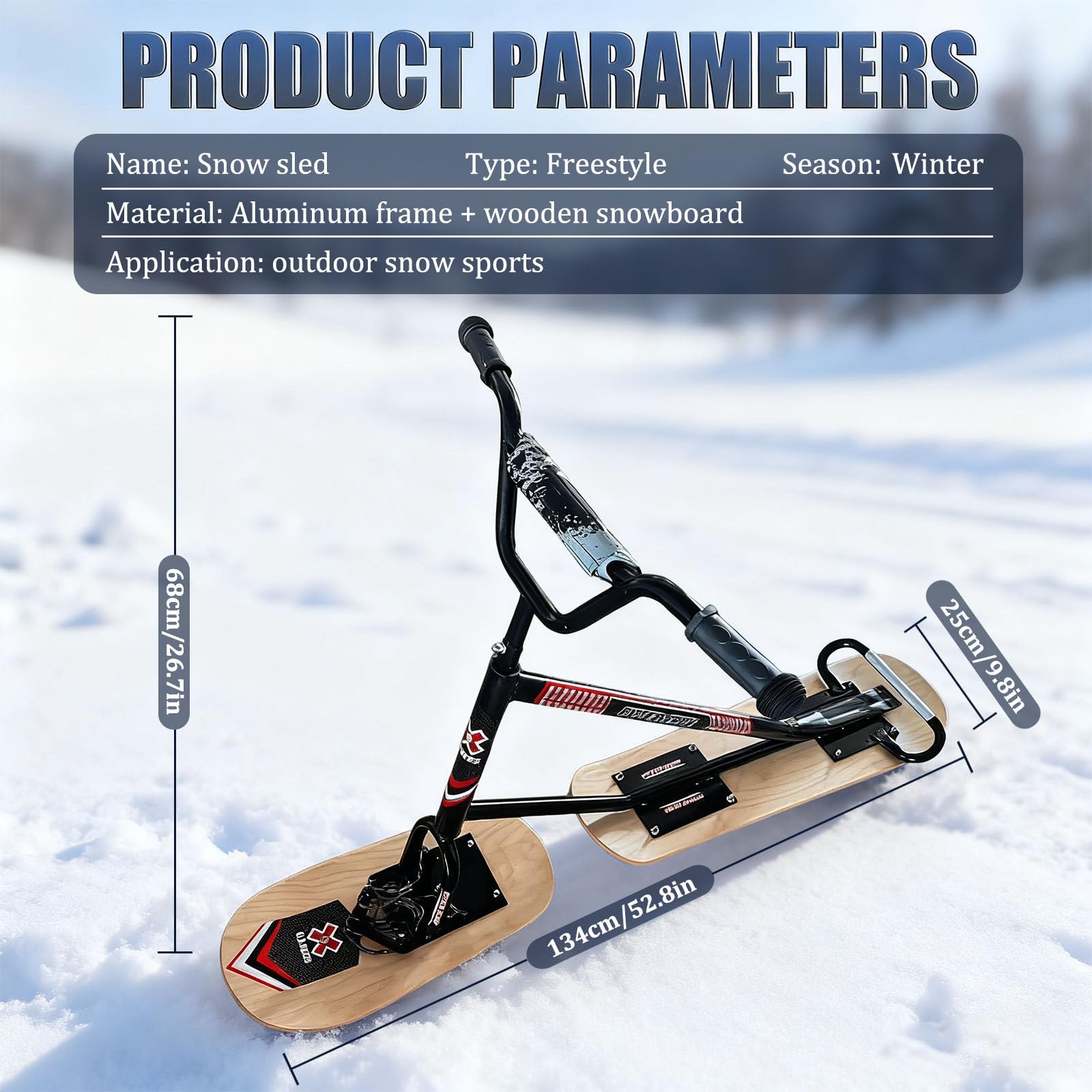 Snow Scooter Adulte - Plateau pivotant 360° & Double Base | Poignée antidérapante & Cadre Aluminium | Planche Tout-Terrain pour Loisirs familiaux, Luge et Exploration hivernale Black