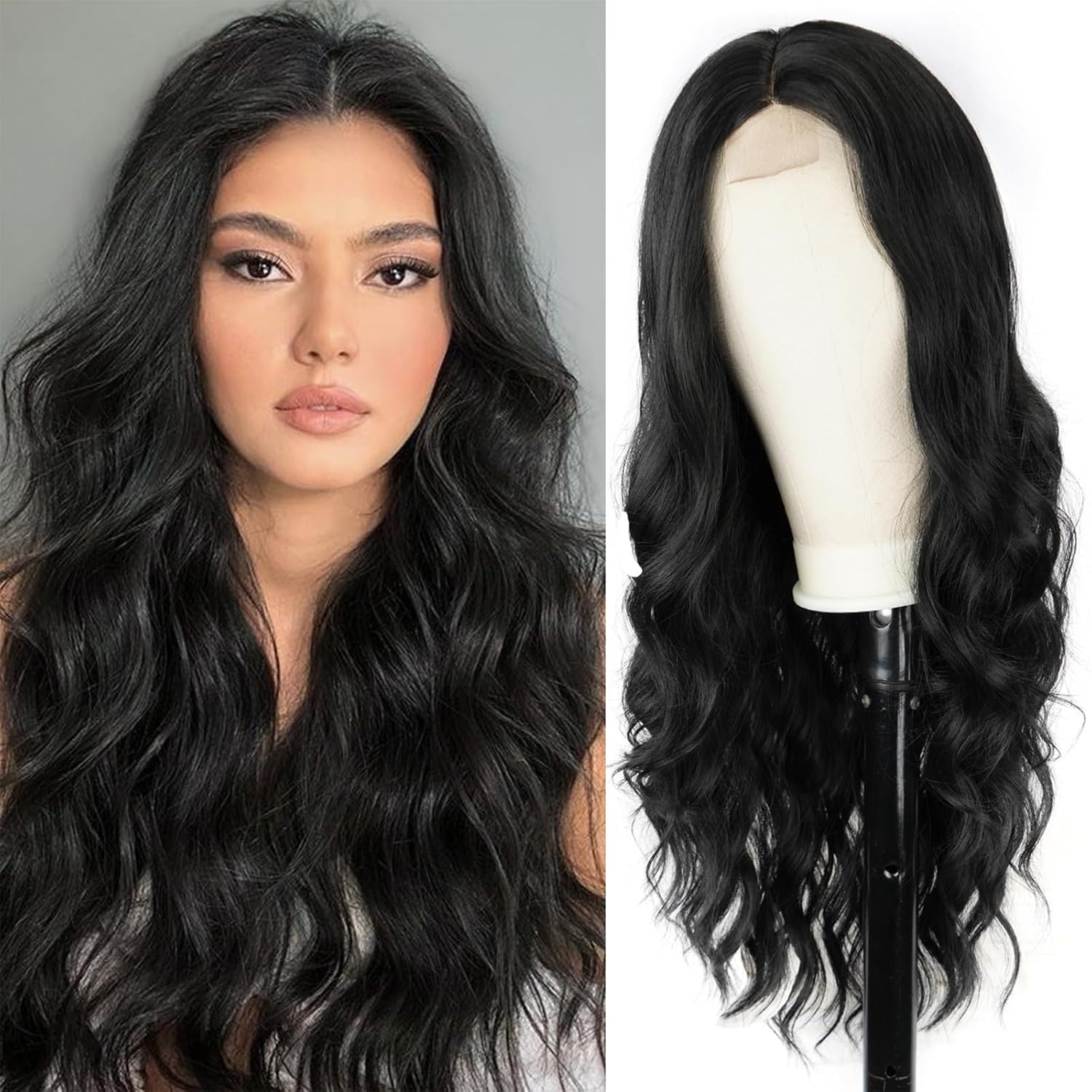 Black Wig for Women, Long Wavy Lace Hairline Middle Part Synthetic Heat Resistant Wig for Daily Party-26 Inch