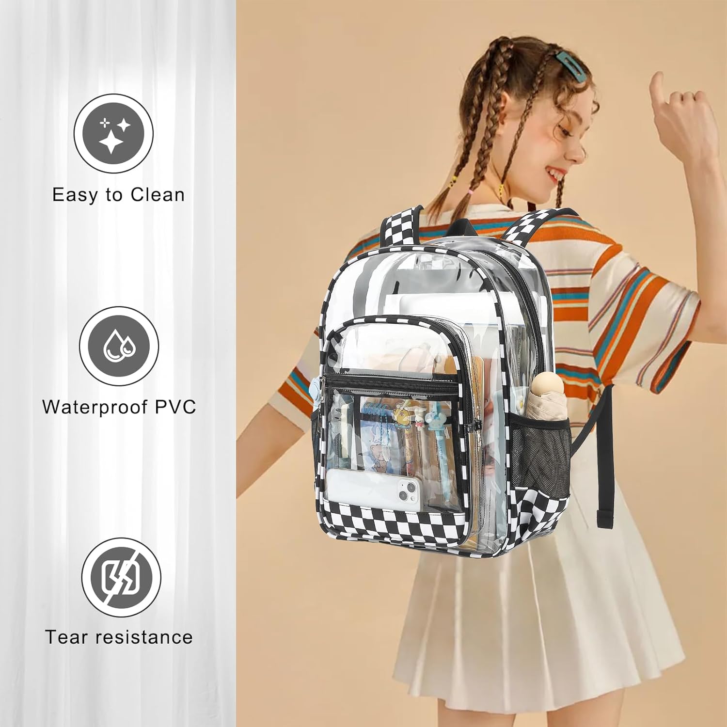 Clear Backpack for School Girls Boys, Heavy Duty Transparent Backpack Kids See-Through Clear Bookbag (Checkered Black) - Image 2