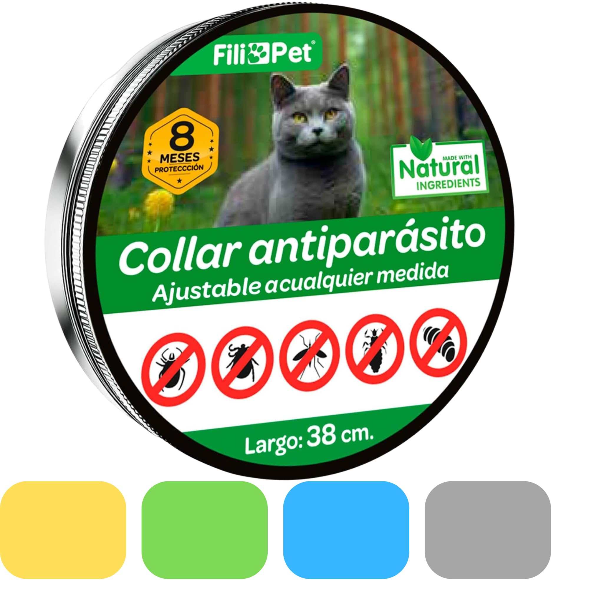 Collar Antiparasitario para Gato en, 8 Meses de Protección, Eficaz contra Pulgas, Garrapatas, Mosquitos y Piojos, Resistente al Agua, 38 cm de Largo, Ajustable (Amarillo)