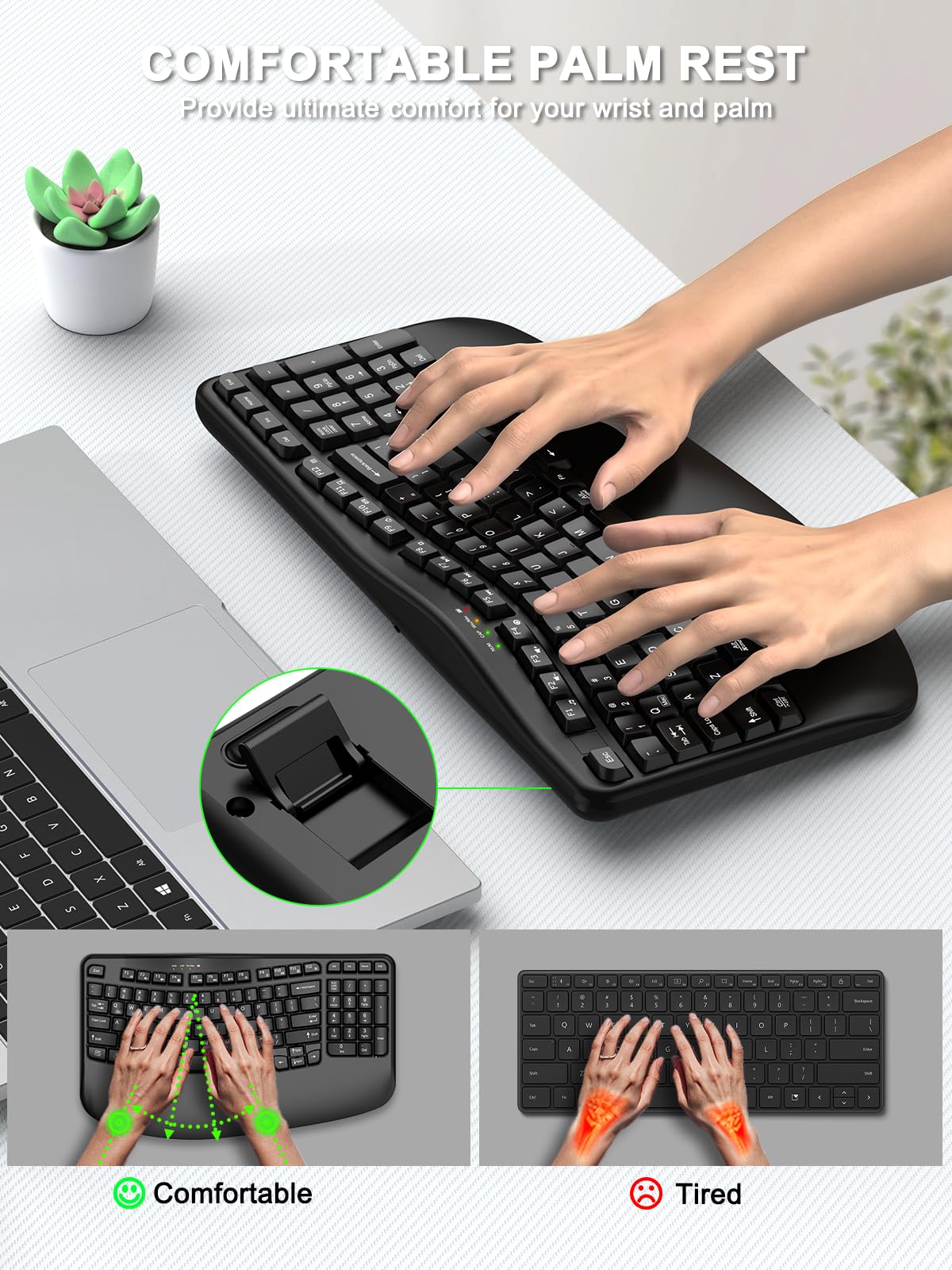 EDJO Teclado inalámbrico ergonómico con reposamuñecas, teclas onduladas, escritura natural cómoda, teclado inalámbrico Ergo de 2.4 GHz para computadora, Windows, Mac OS, portátil, PC (negro)