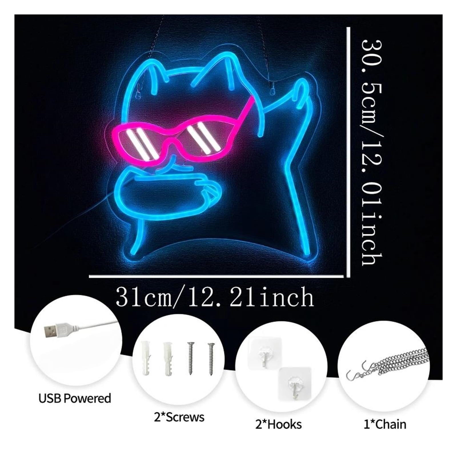 néon signe Enseigne Lumineuse À Intensité Variable Avec Lunettes De Chat Cool Pour Chambre À Coucher Salle De Jeux Bar Animalerie Décoration Murale 31cmx30.5cm