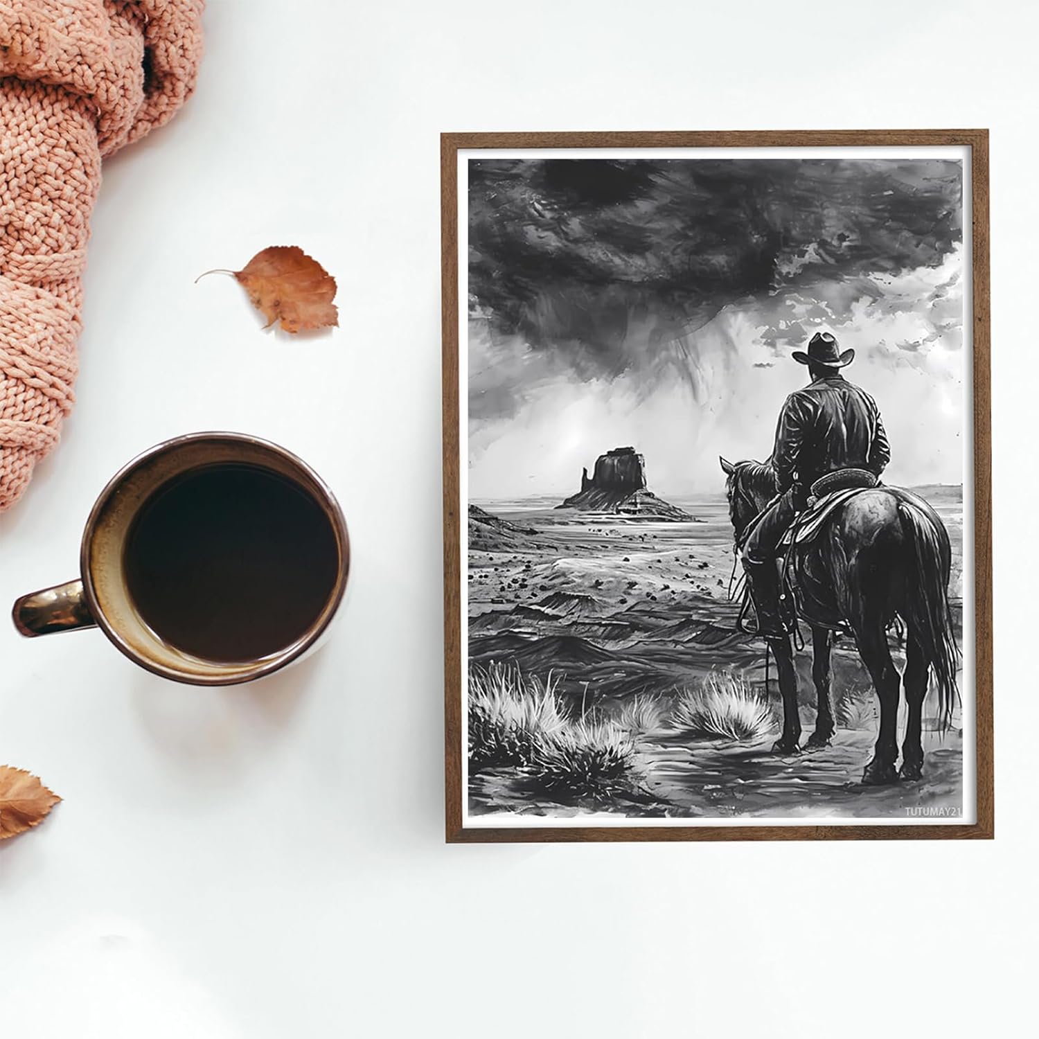 TUTUMAY21 Diamond Art Kit for Adults, 60s Black White Western Cowboy Diamond Painting for Adults Beginners, DIY 5D Diamond Art Painting Kits Craft for Home Wall Decor 12x16inch