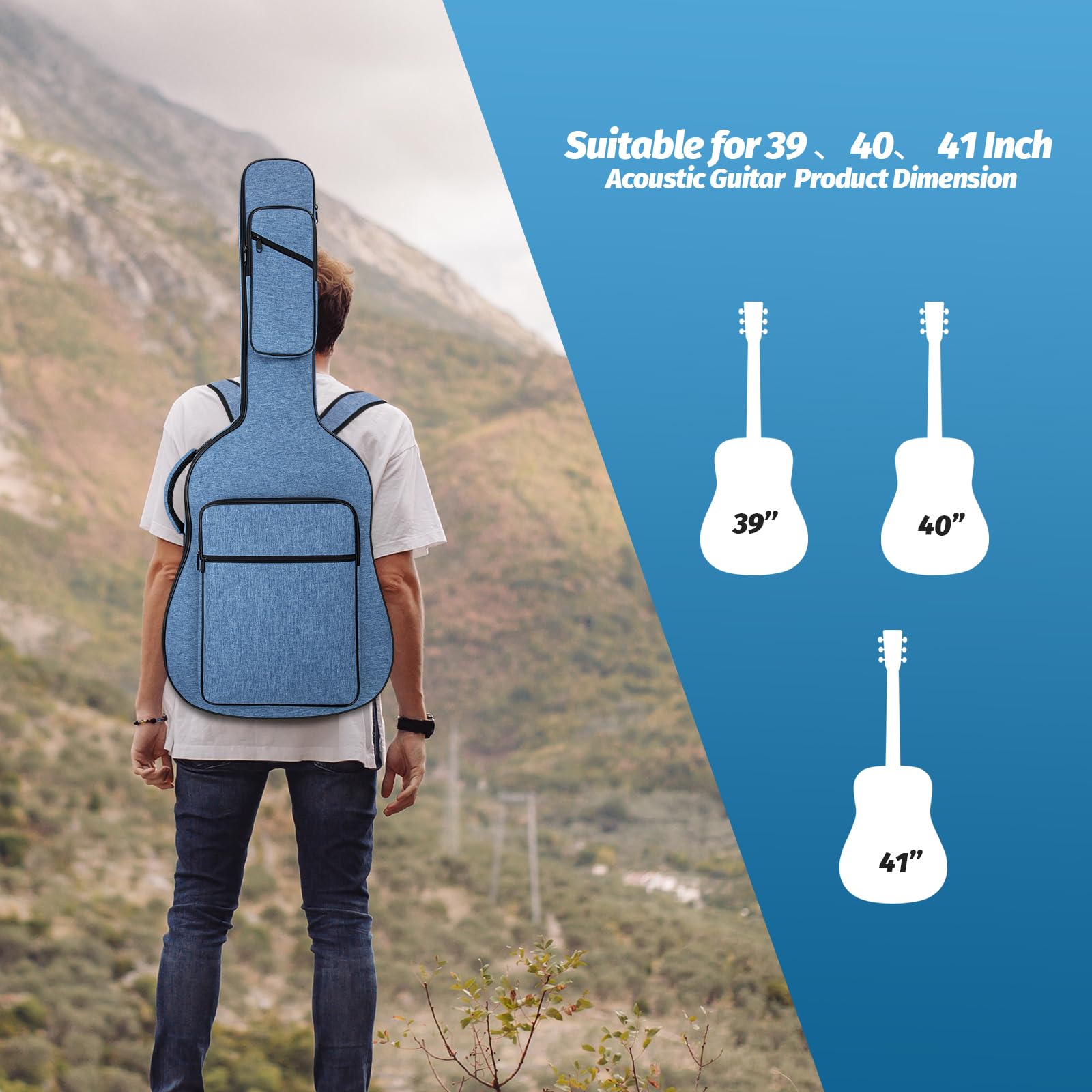 Custodia per chitarra acustica con imbottitura spessa 0,9 cm, resistente all'acqua, doppia tracolla regolabile, custodia per chitarra con gancio posteriore