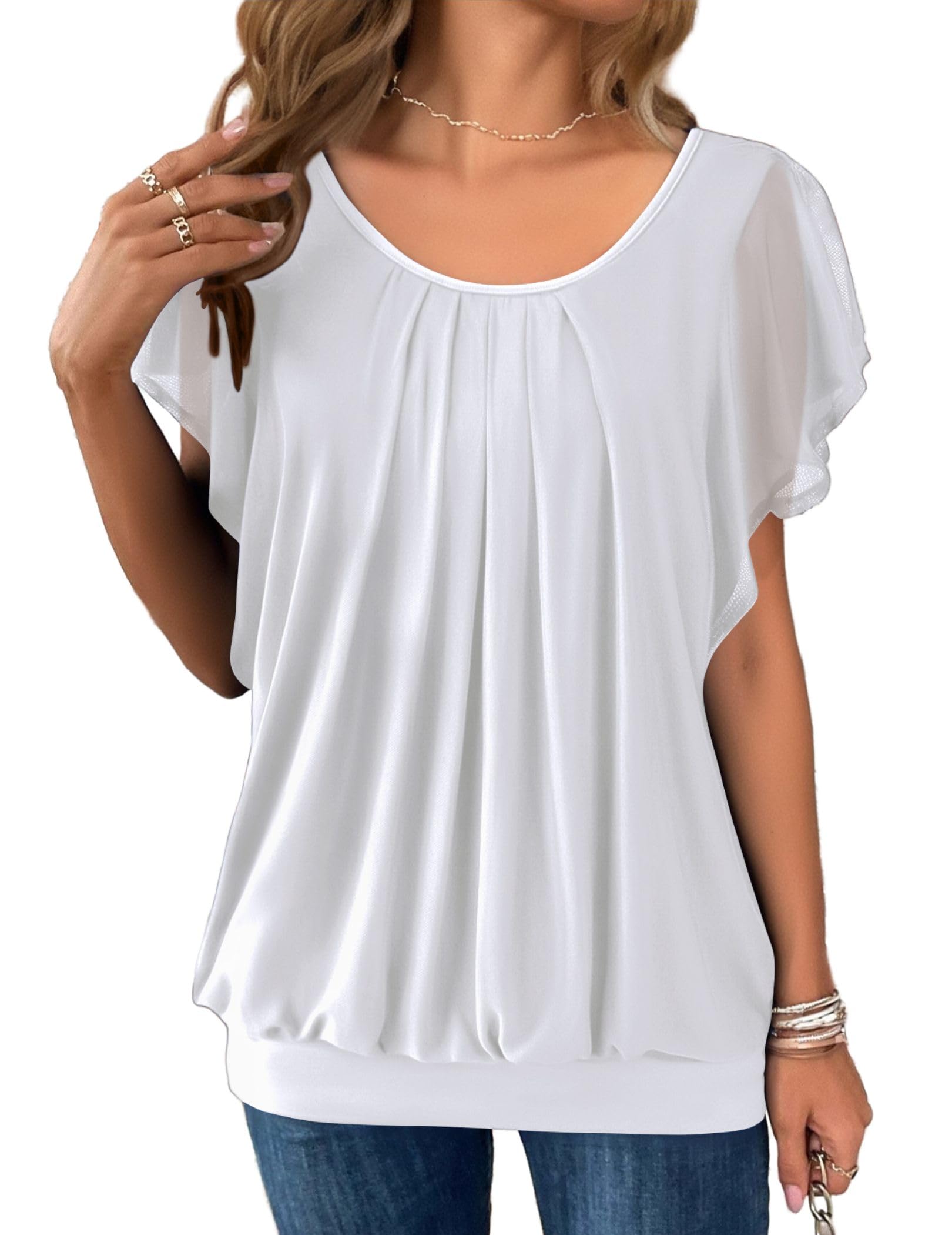 Hotouch Blusen Damen Kurzarm Doppellagig Mesh Rundhals Oberteile Loose Flowy Flügelärmel Tunika Sommer elegant Top