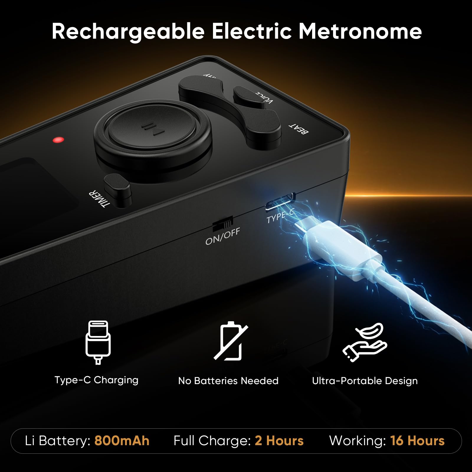 Ueteto Métronome numérique pour piano, guitare, batterie, violon, métronome avec voix humaine et prise casque, 9 rythmes, 40-208 BPM, fonction minuterie pour musiciens
