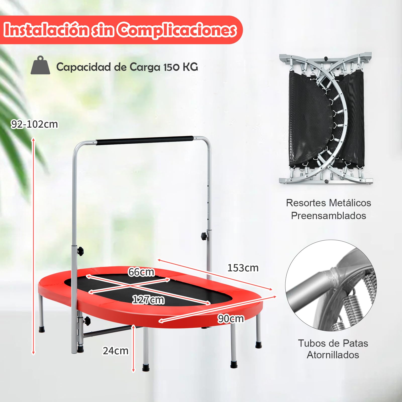 GYMAX Trampolín Plegable para 2 Personas, Trampolín Infantil con Mango Ajustable de 5 Niveles, Cama Elástica para Niños y Adultos, Soporta hasta 150 kg, para Interior y Exterior